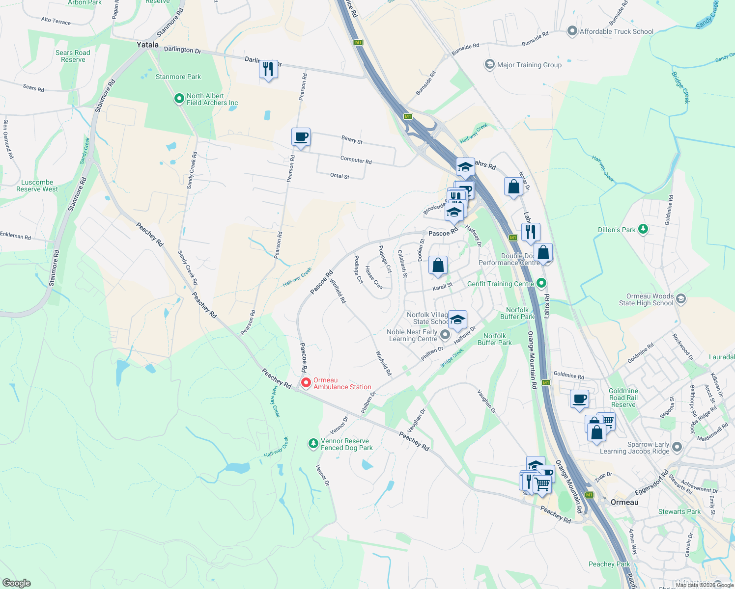 map of restaurants, bars, coffee shops, grocery stores, and more near 56 Podinga Circuit in Ormeau