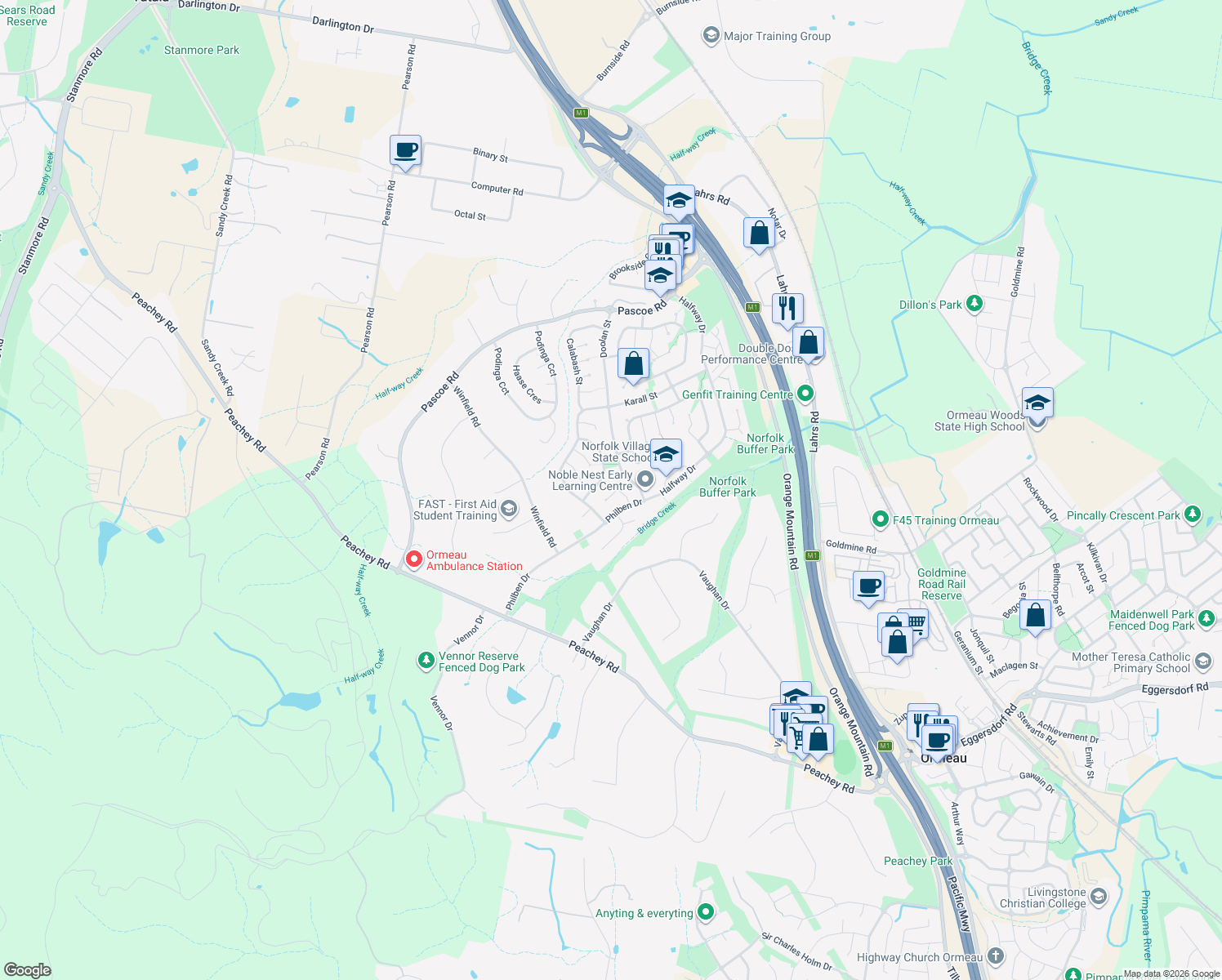 map of restaurants, bars, coffee shops, grocery stores, and more near 8 Citrinus Court in Ormeau