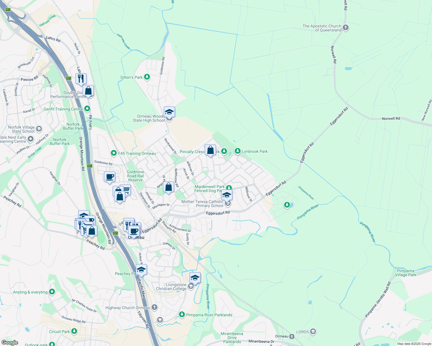 map of restaurants, bars, coffee shops, grocery stores, and more near 62 Lauradale Crescent in Ormeau
