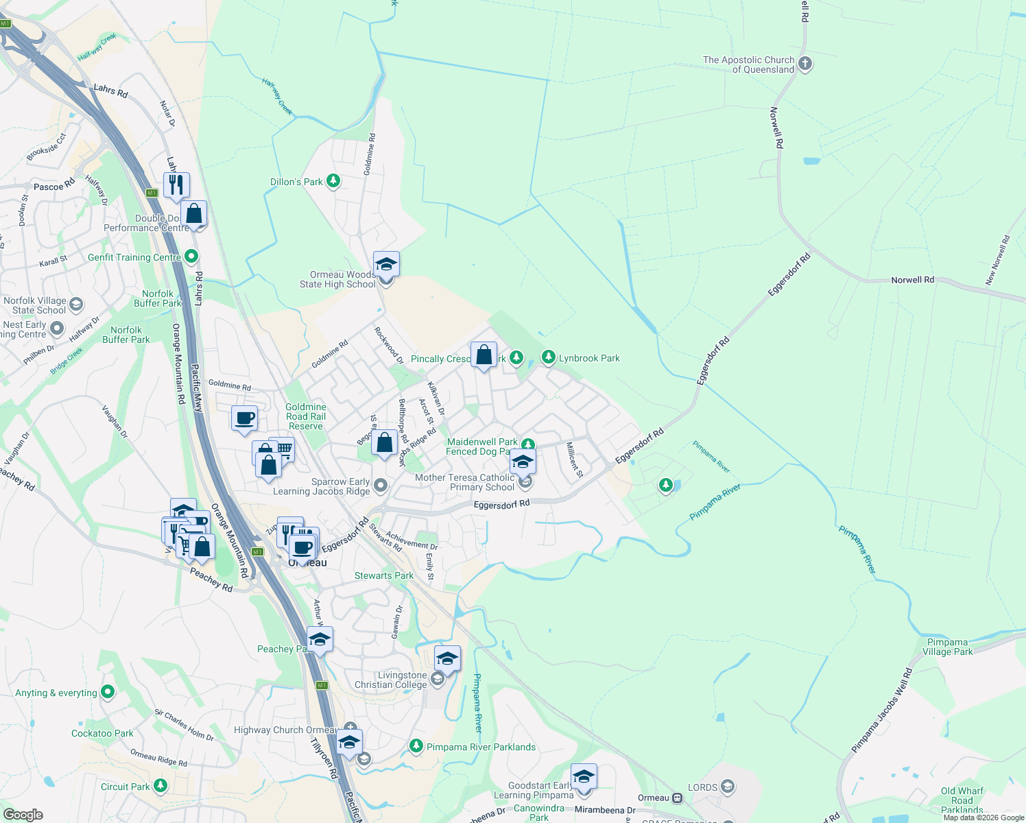 map of restaurants, bars, coffee shops, grocery stores, and more near 17 Strathburn Crescent in Ormeau