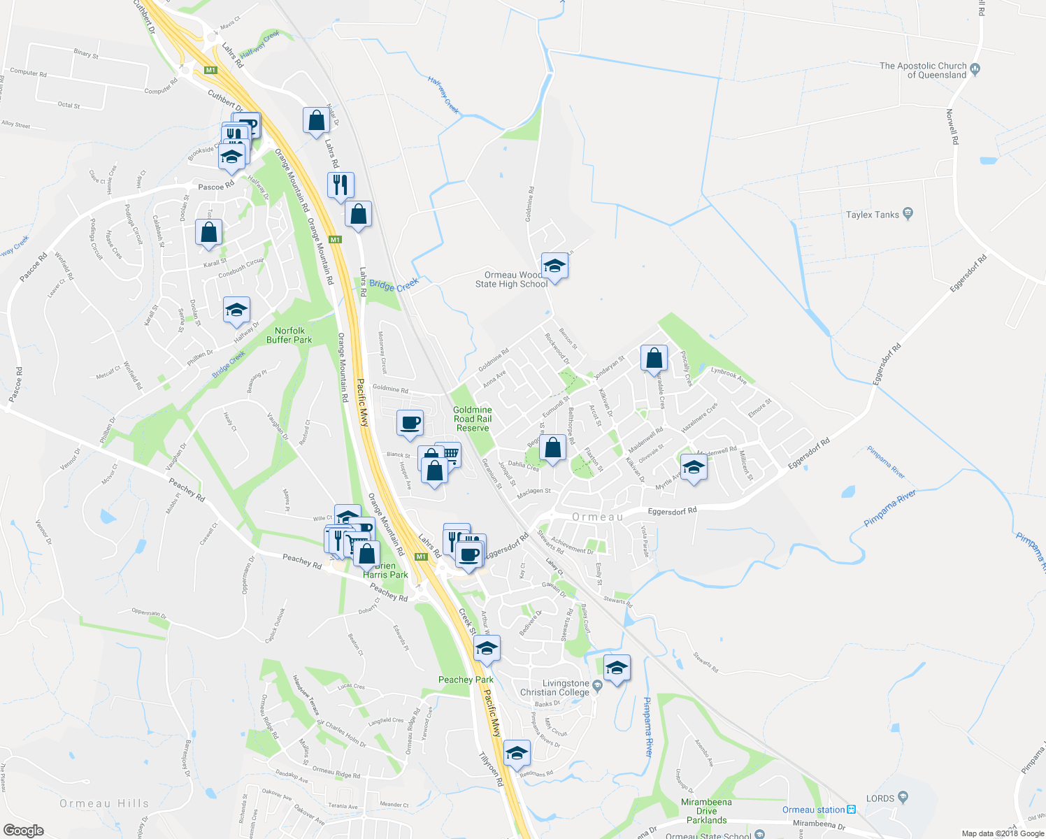 map of restaurants, bars, coffee shops, grocery stores, and more near 19 Hydrangea Street in Ormeau