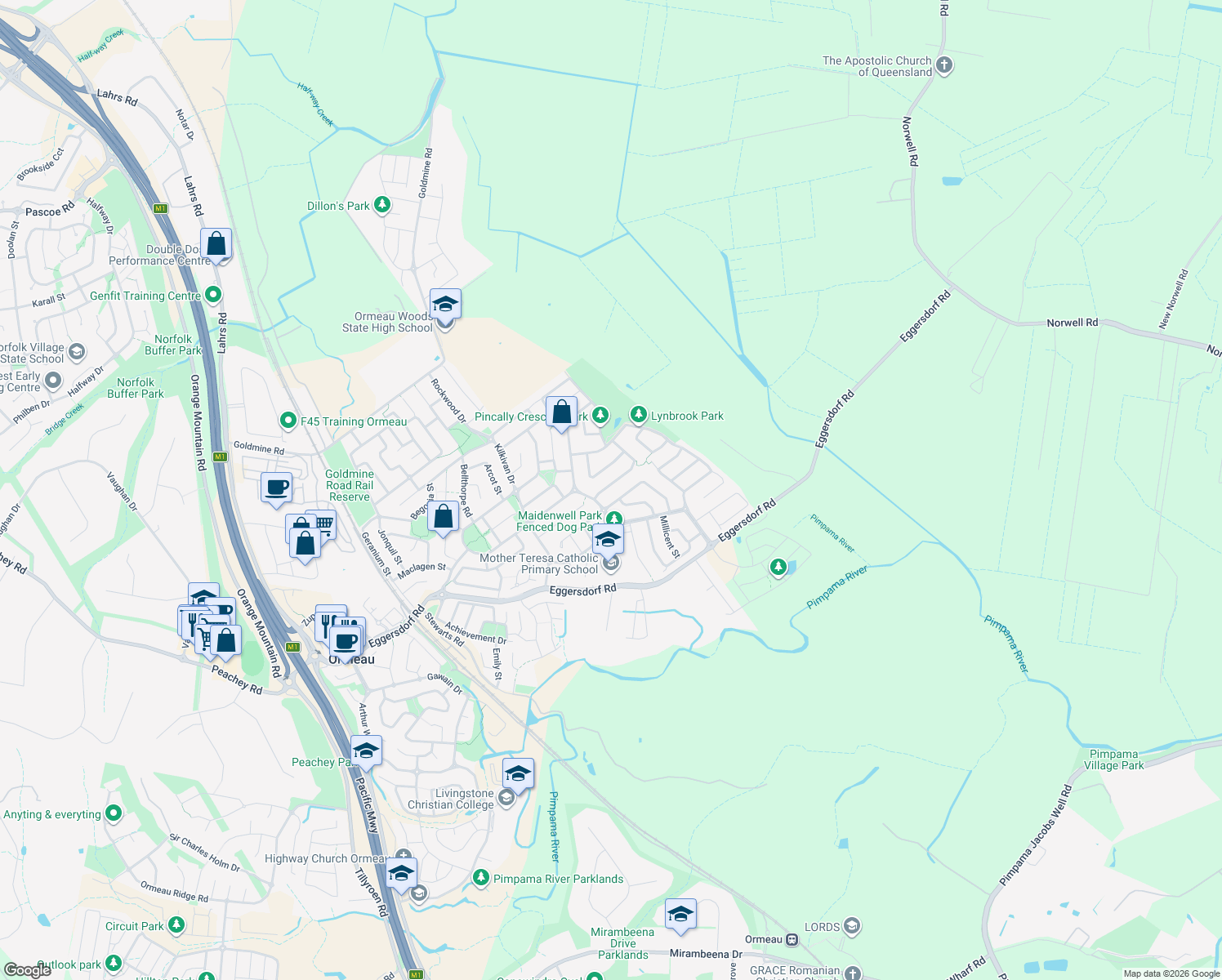 map of restaurants, bars, coffee shops, grocery stores, and more near 38 Hazelmere Crescent in Ormeau