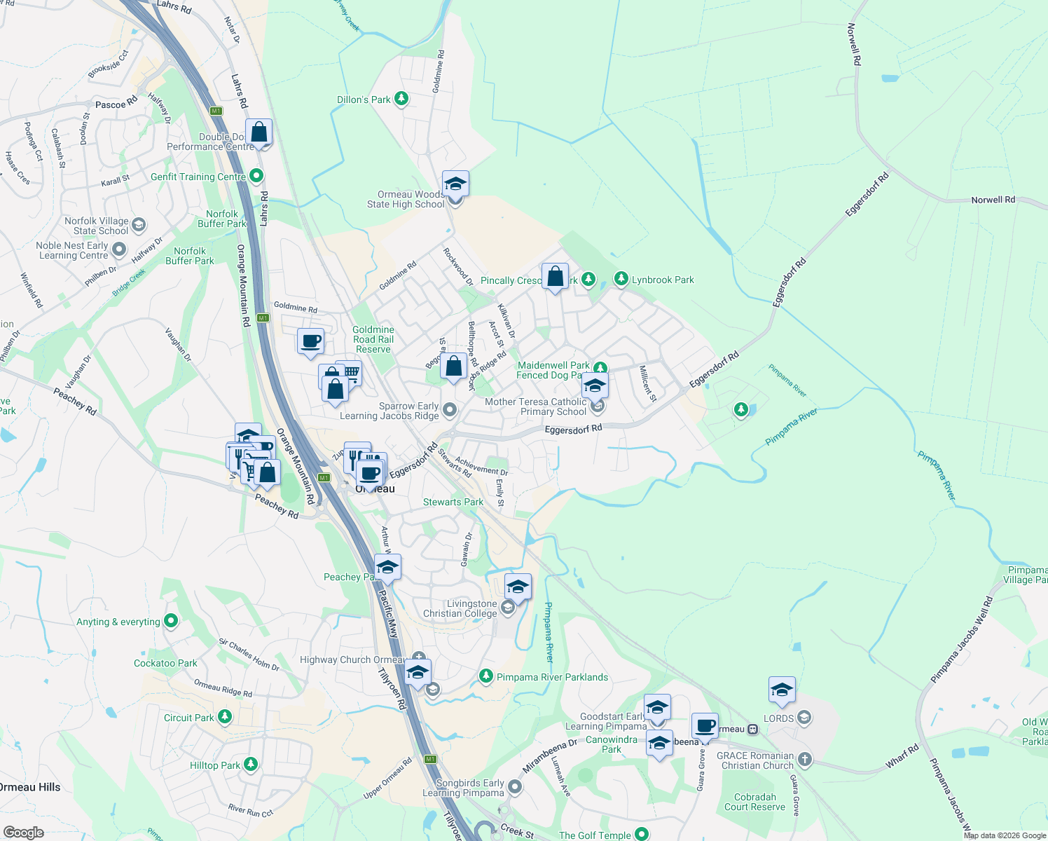 map of restaurants, bars, coffee shops, grocery stores, and more near 14 Jasmine Circuit in Ormeau
