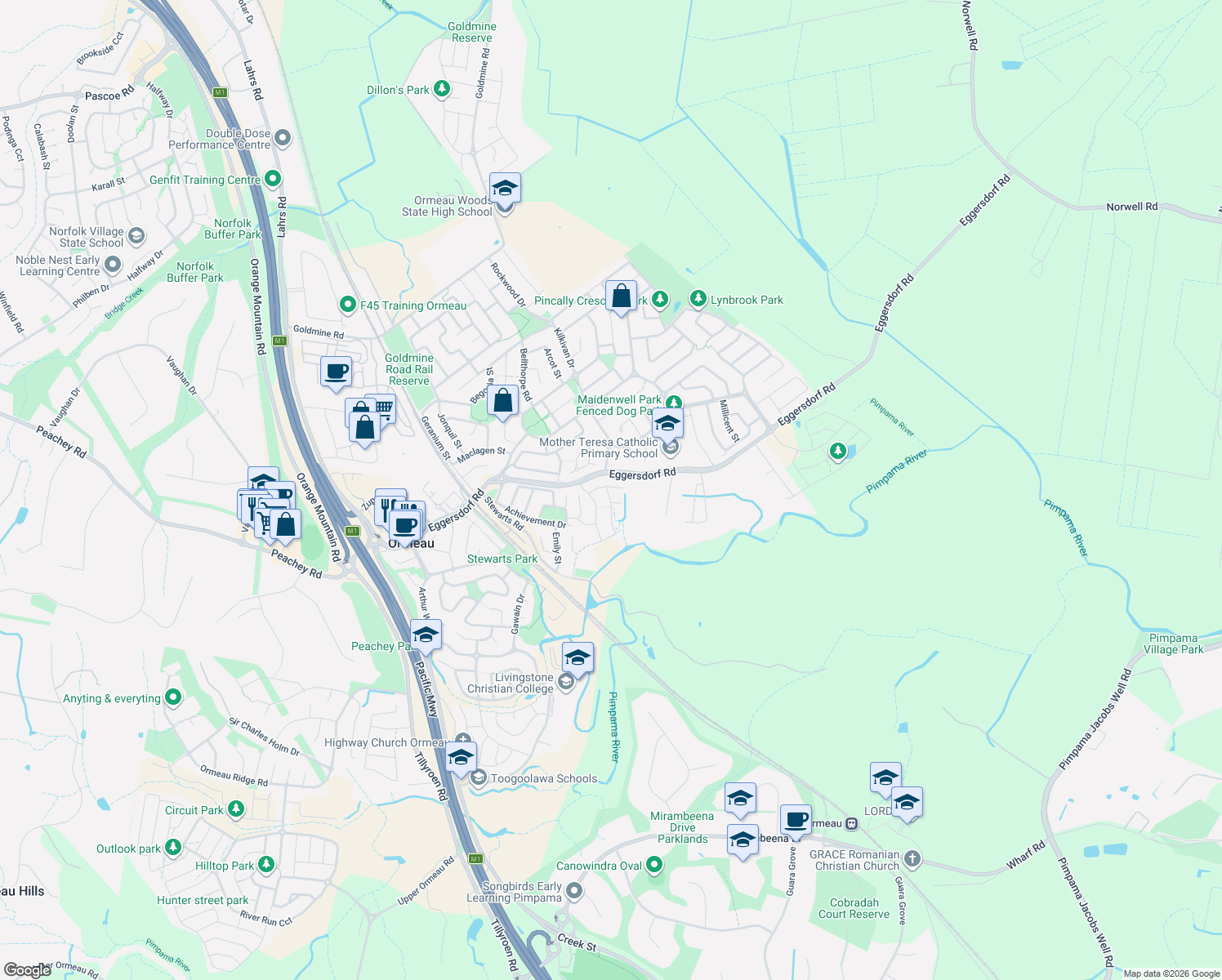 map of restaurants, bars, coffee shops, grocery stores, and more near 5 Panorama Crescent in Ormeau
