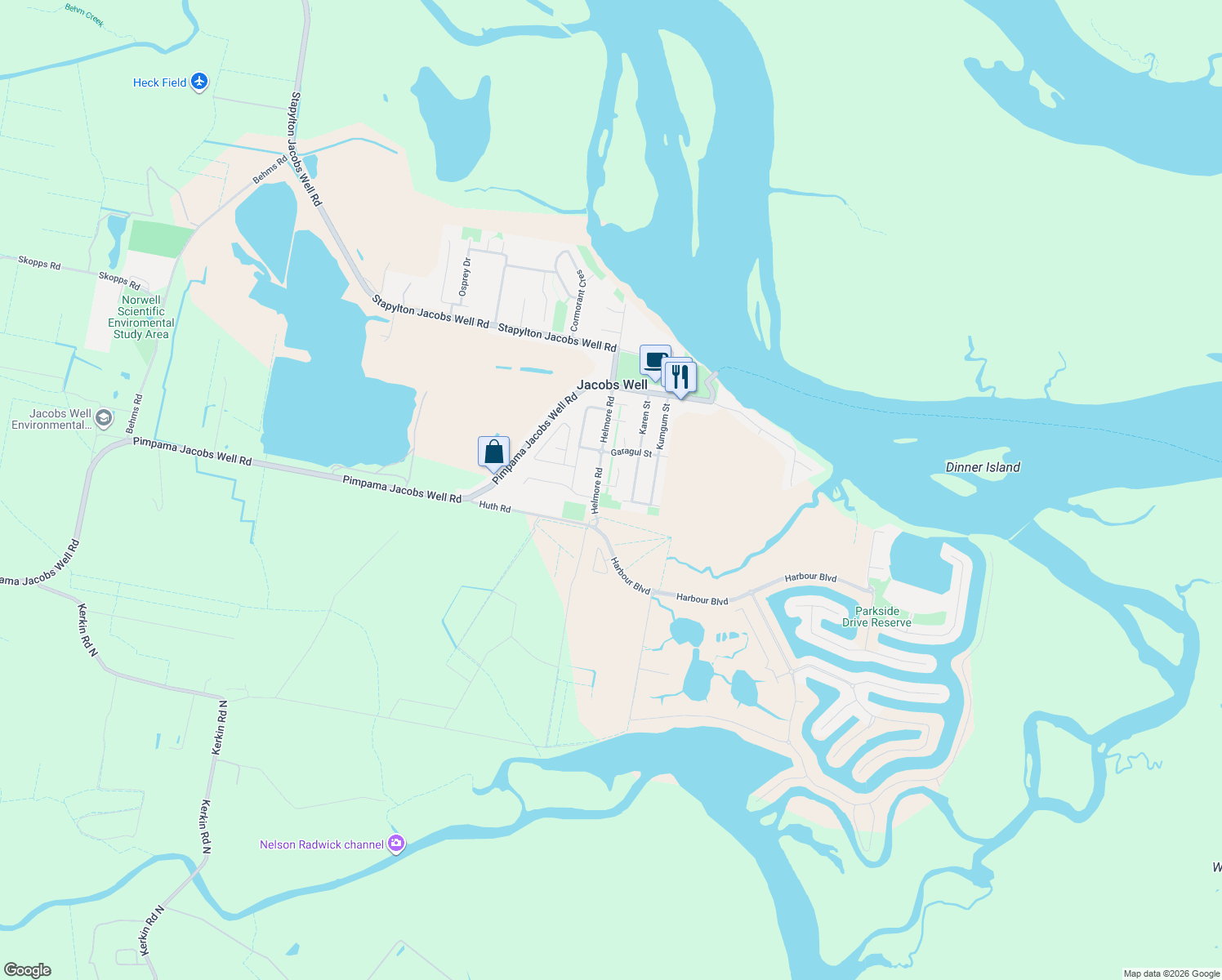 map of restaurants, bars, coffee shops, grocery stores, and more near 5 Samuel Court in Jacobs Well