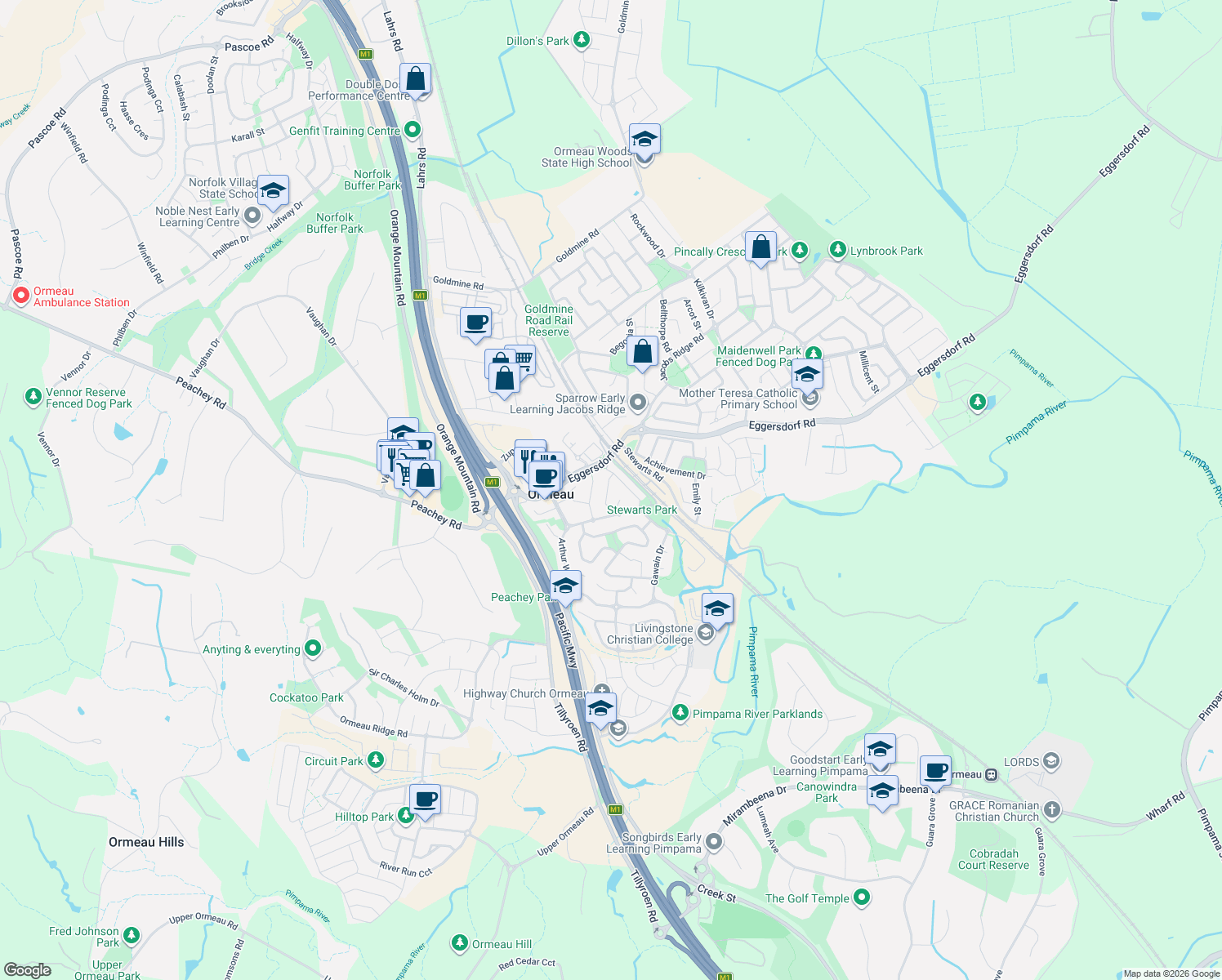 map of restaurants, bars, coffee shops, grocery stores, and more near 13 Kay Court in Ormeau