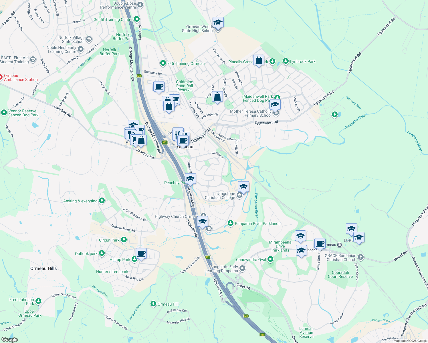 map of restaurants, bars, coffee shops, grocery stores, and more near 10 Daniells Court in Ormeau