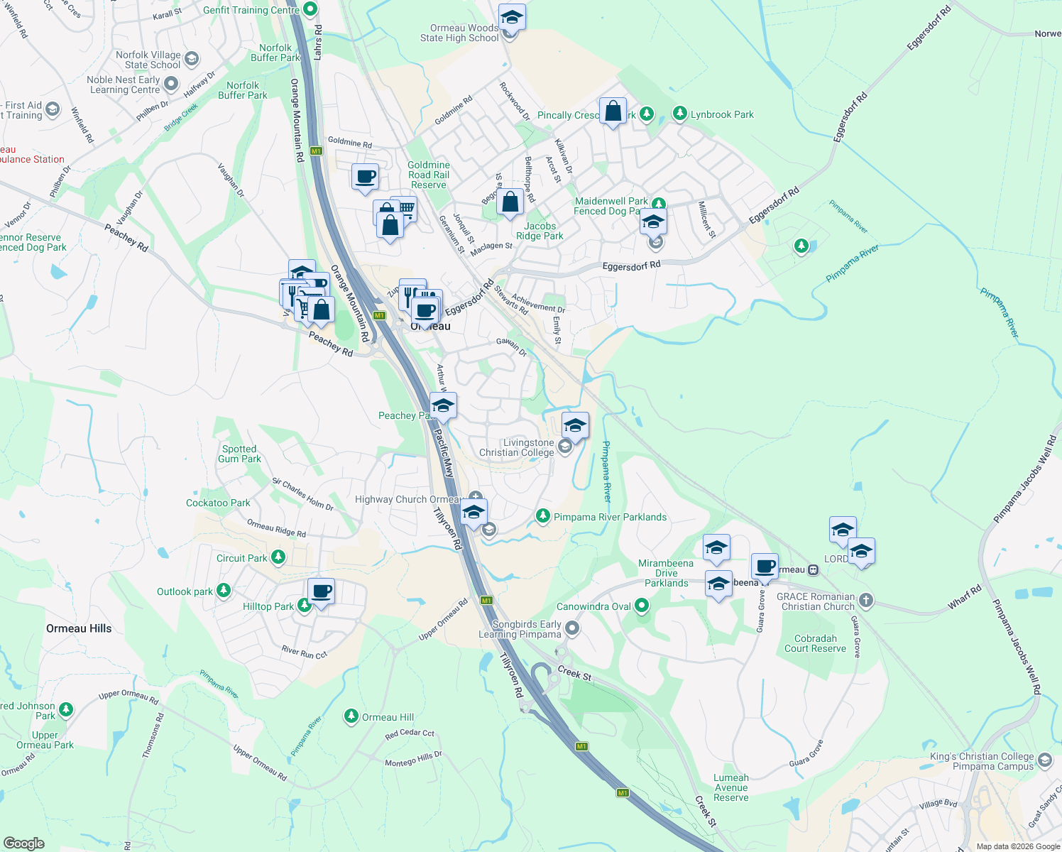 map of restaurants, bars, coffee shops, grocery stores, and more near 53 Reedmans Road in Ormeau