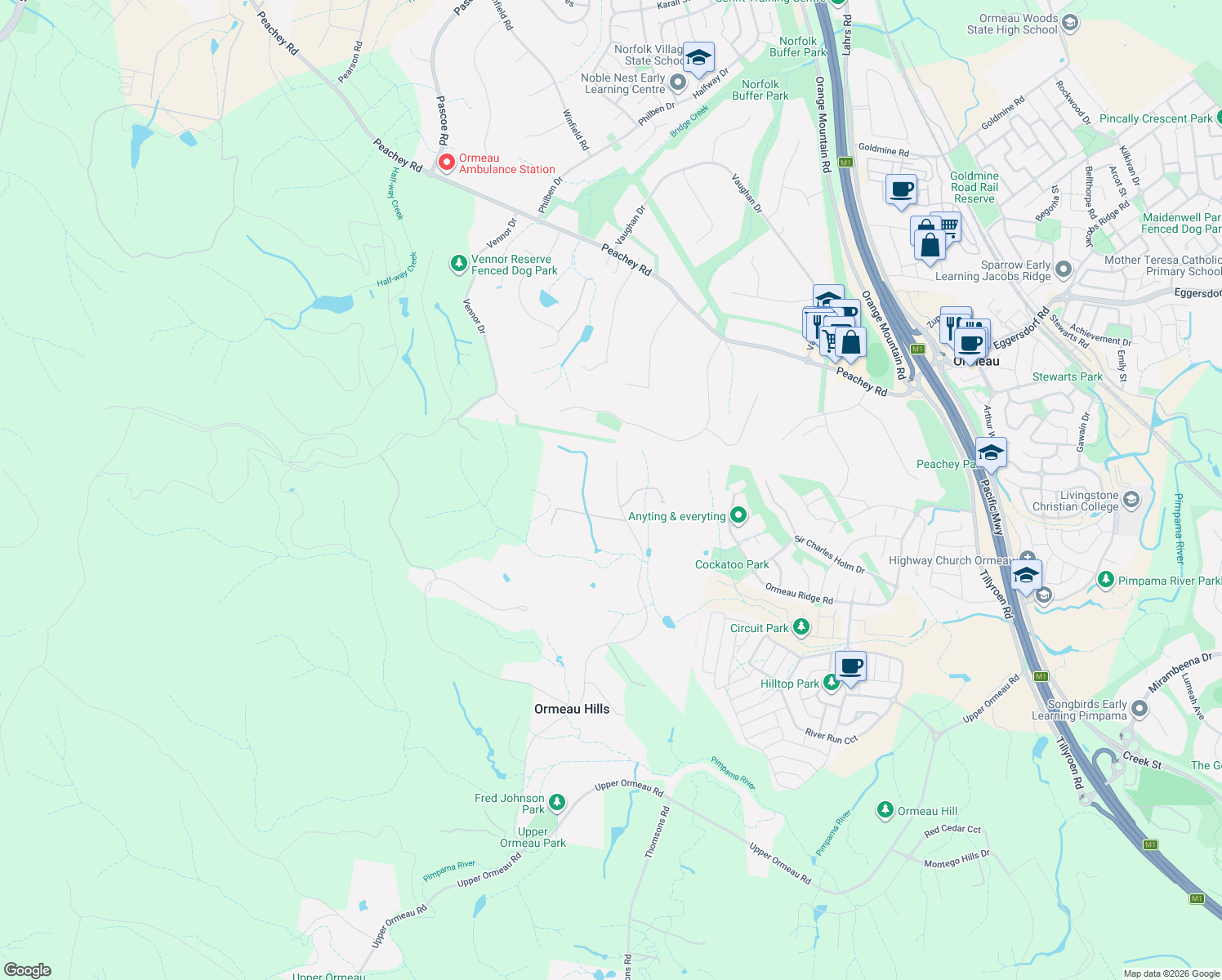 map of restaurants, bars, coffee shops, grocery stores, and more near 155 Barrenjoey Drive in Ormeau Hills