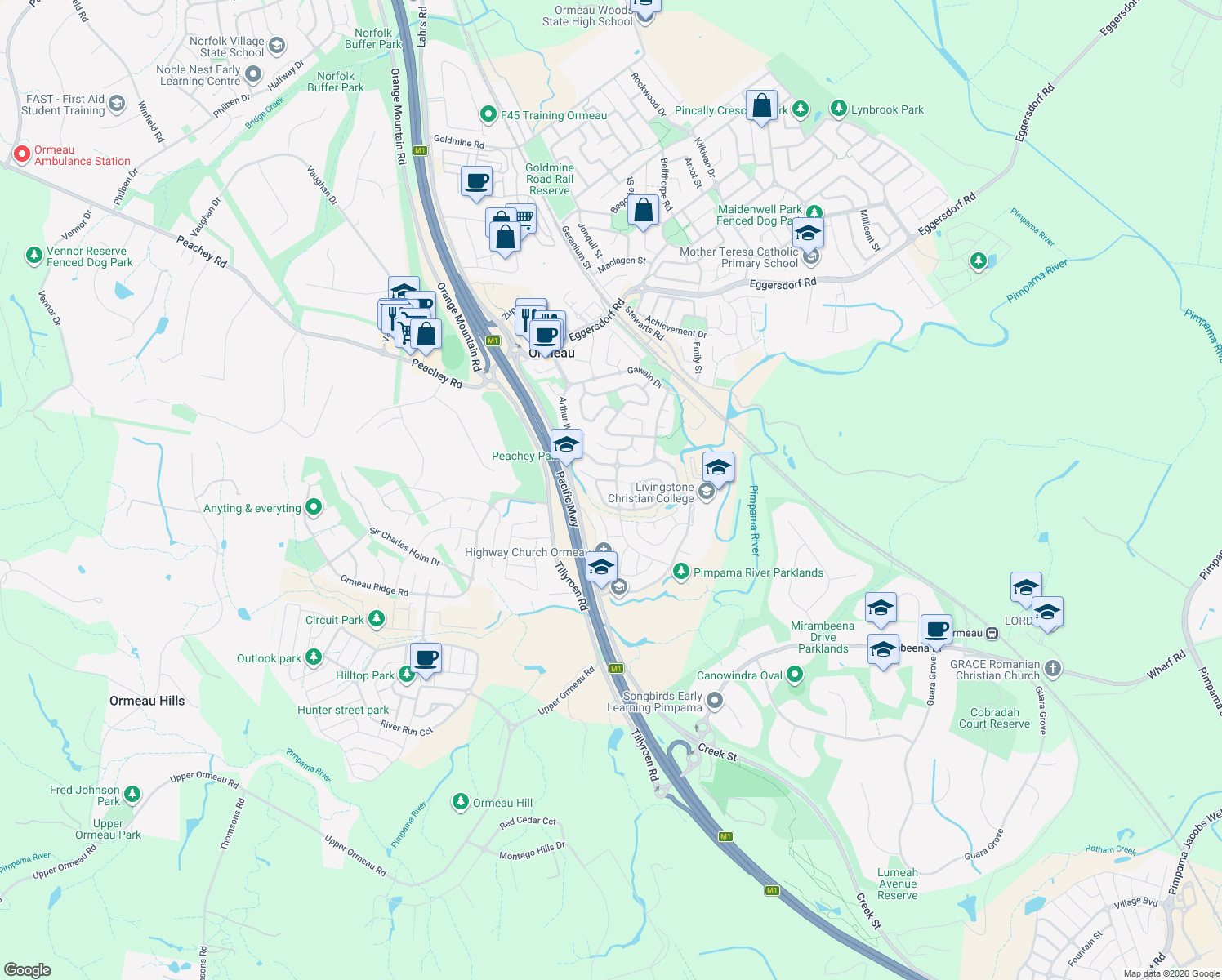 map of restaurants, bars, coffee shops, grocery stores, and more near 7 Pimpama Rivers Drive in Ormeau