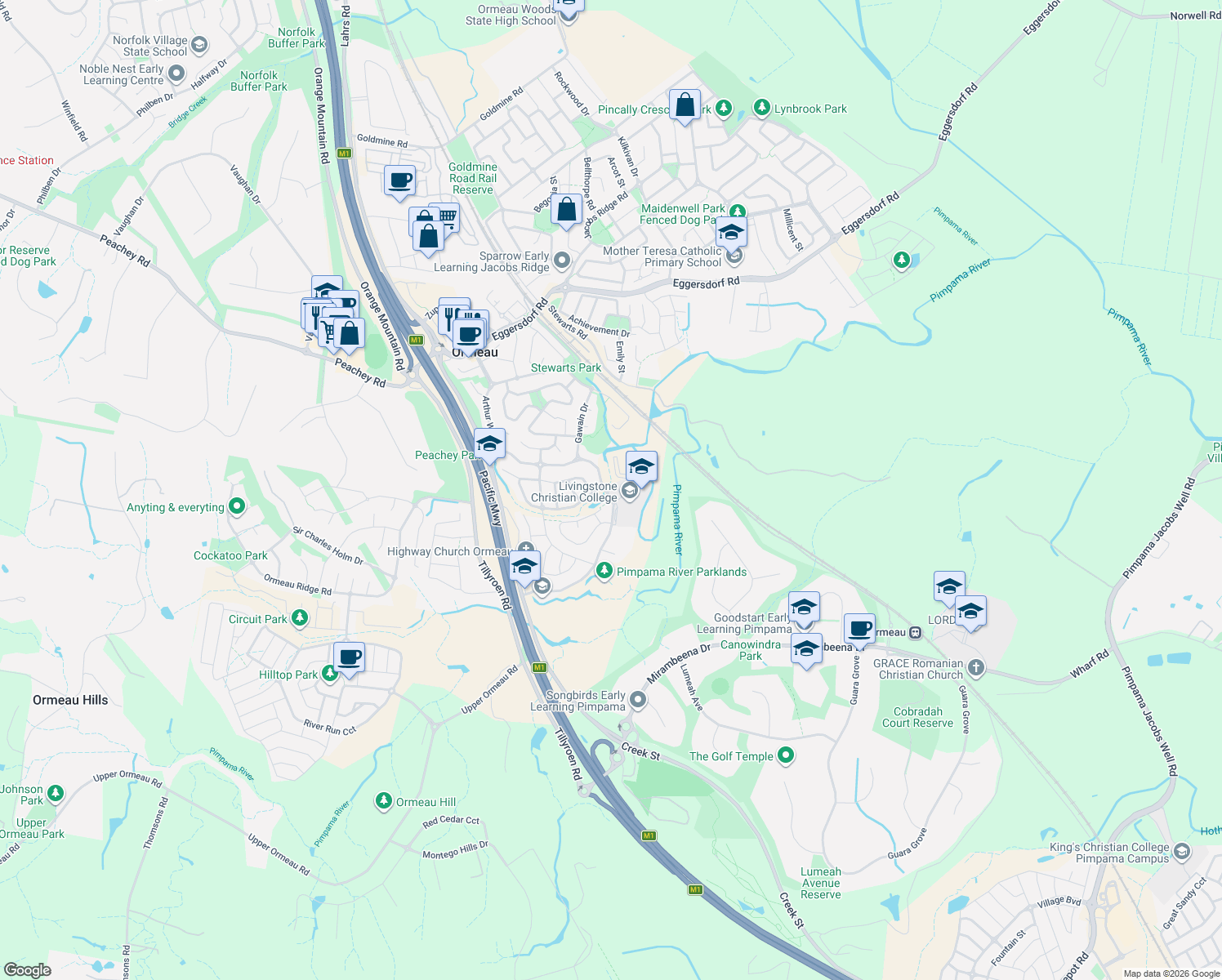map of restaurants, bars, coffee shops, grocery stores, and more near 62 Reedmans Road in Ormeau