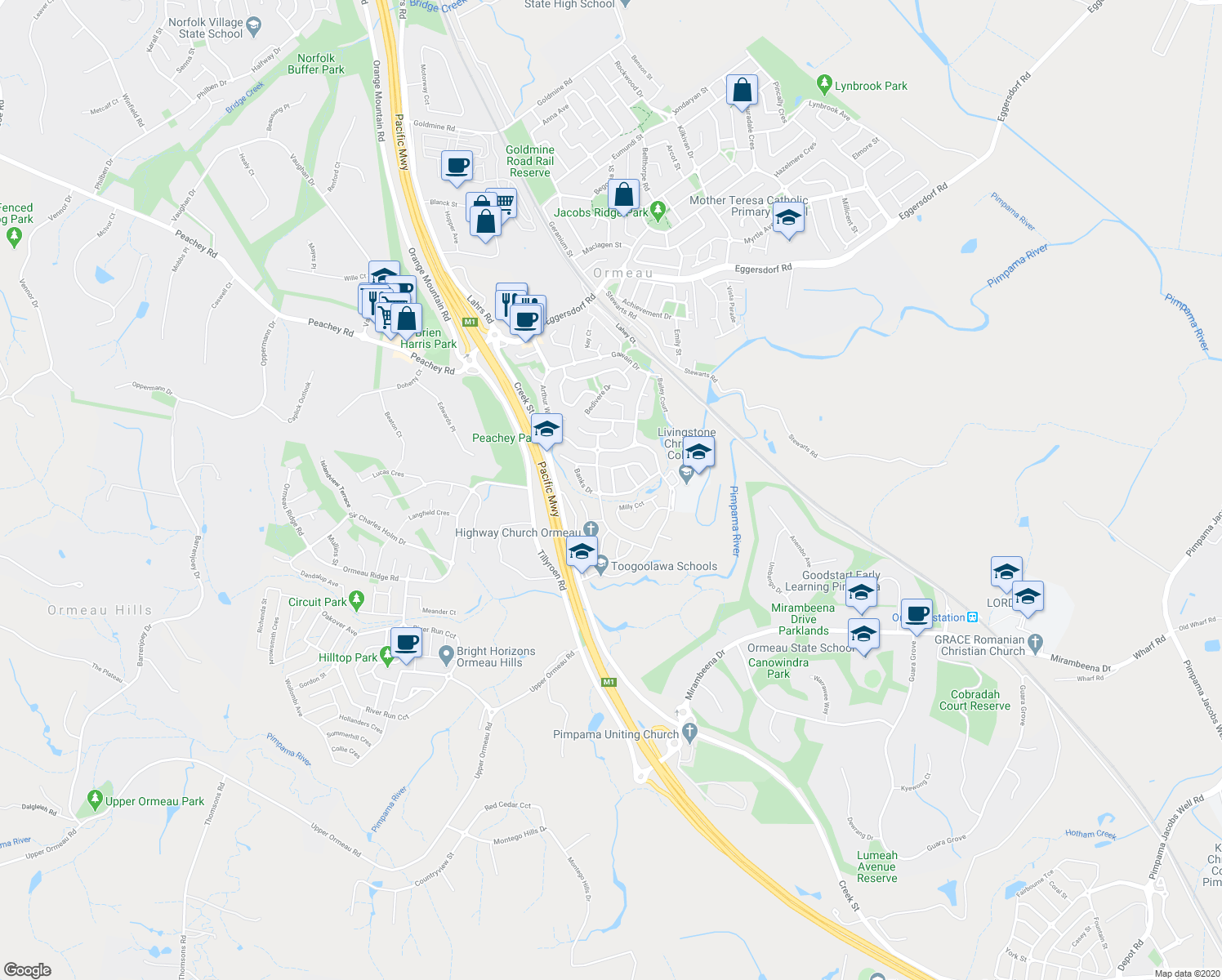 map of restaurants, bars, coffee shops, grocery stores, and more near 43 Custodian Crescent in Ormeau