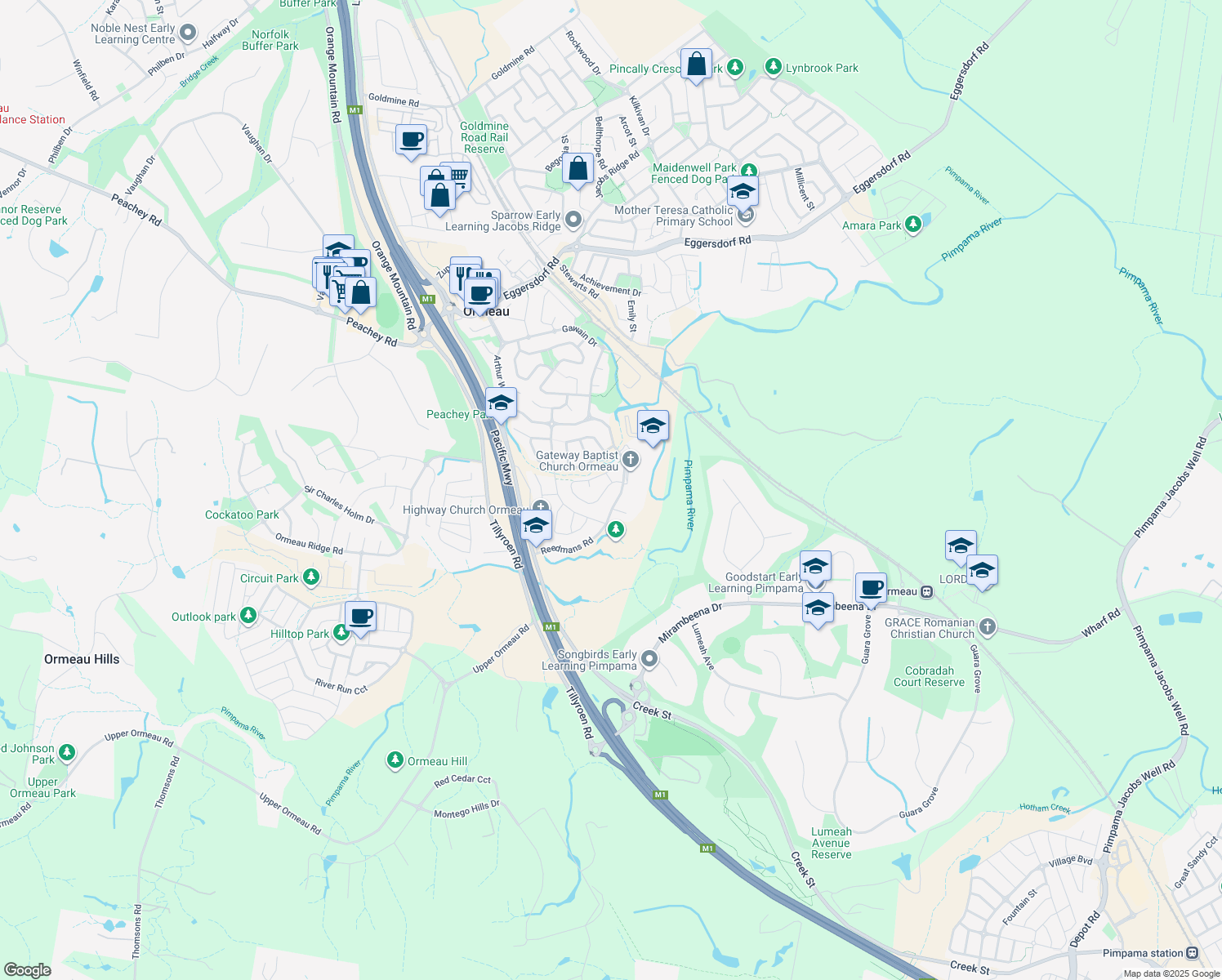 map of restaurants, bars, coffee shops, grocery stores, and more near 6 Milly Circuit in Ormeau
