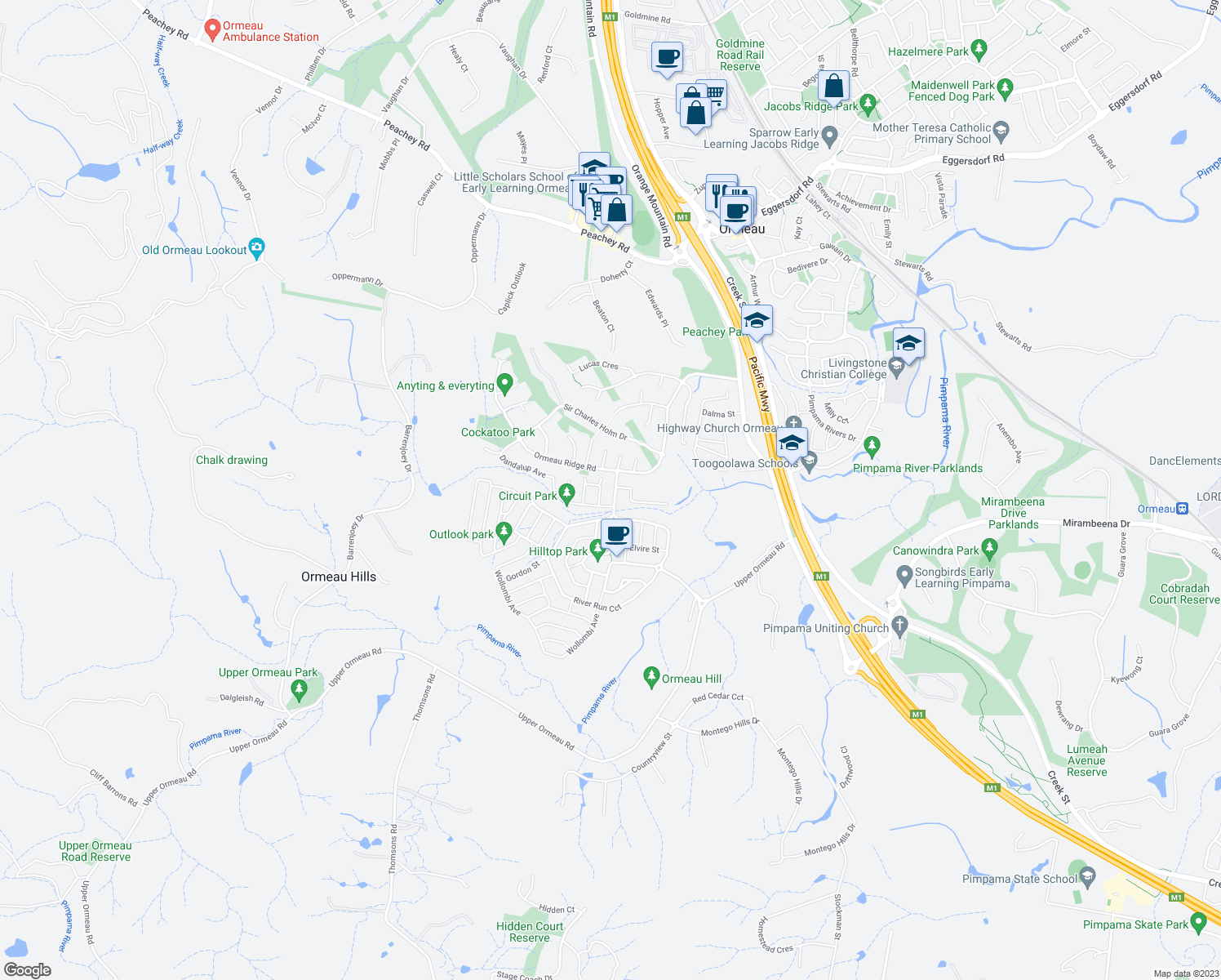 map of restaurants, bars, coffee shops, grocery stores, and more near 9 Ellenborough Avenue in Ormeau Hills