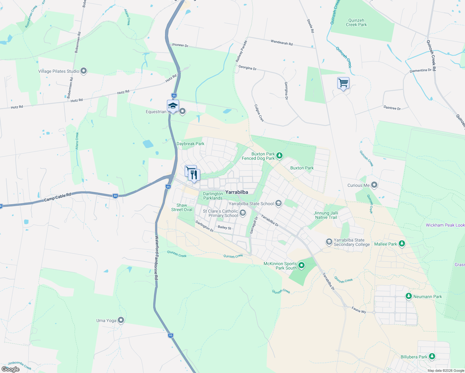 map of restaurants, bars, coffee shops, grocery stores, and more near 4 Springrise Place in Yarrabilba