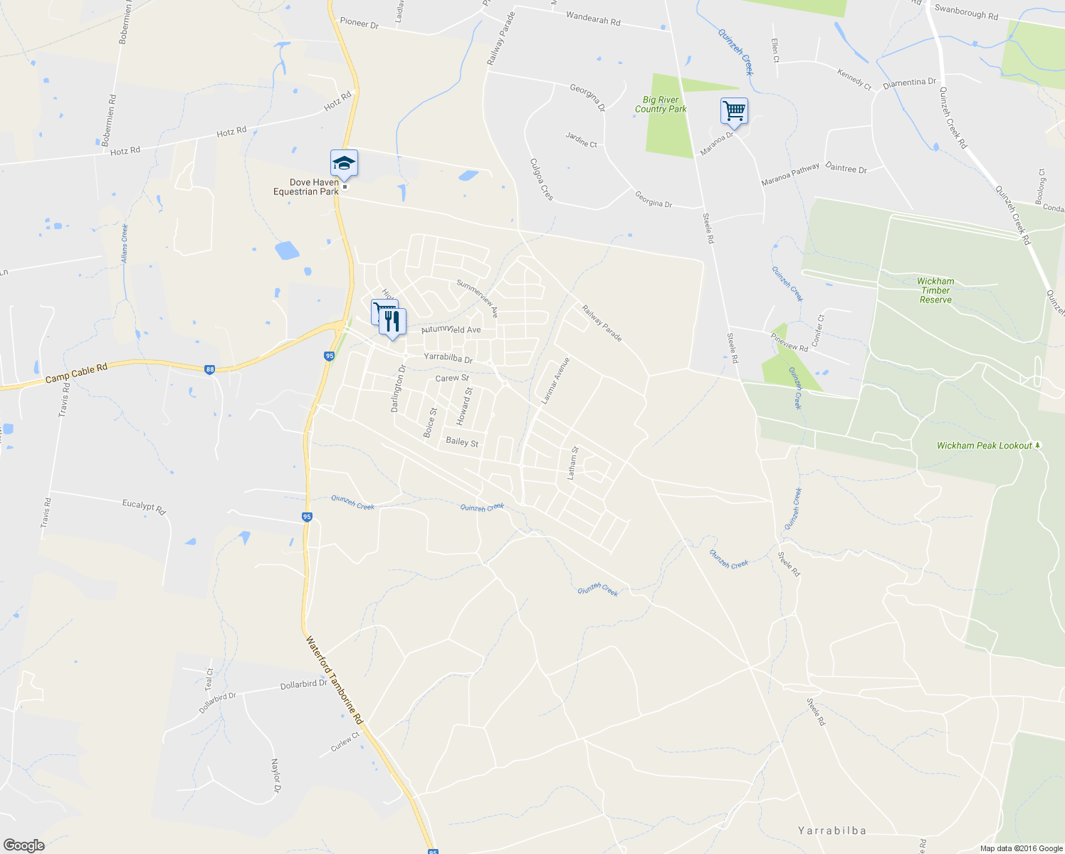 map of restaurants, bars, coffee shops, grocery stores, and more near Garagull Drive in Yarrabilba
