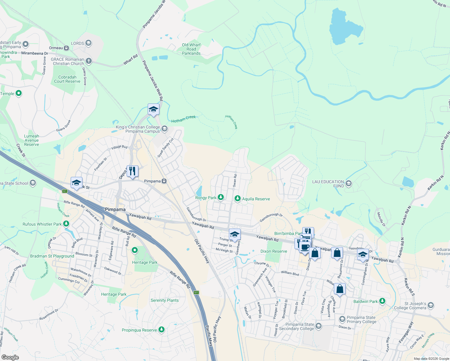 map of restaurants, bars, coffee shops, grocery stores, and more near 6 Kalgoorlie Street in Pimpama