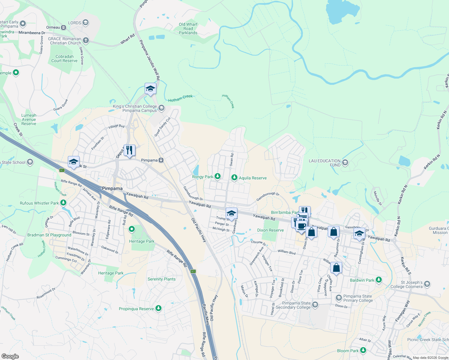 map of restaurants, bars, coffee shops, grocery stores, and more near Cradle Lane in Pimpama