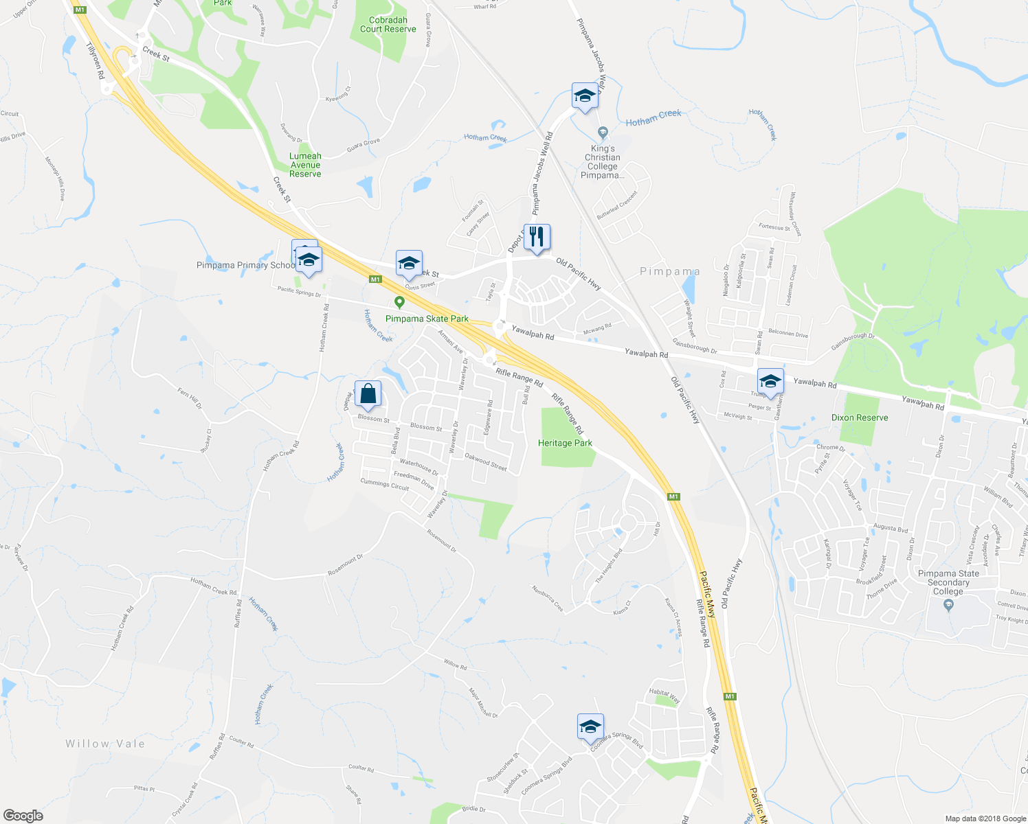 map of restaurants, bars, coffee shops, grocery stores, and more near Winchester Crescent in Pimpama