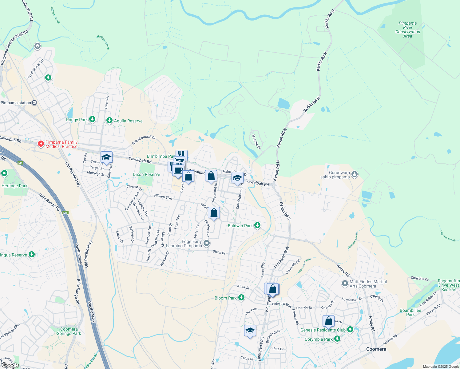 map of restaurants, bars, coffee shops, grocery stores, and more near 53 Collingrove Circuit in Pimpama