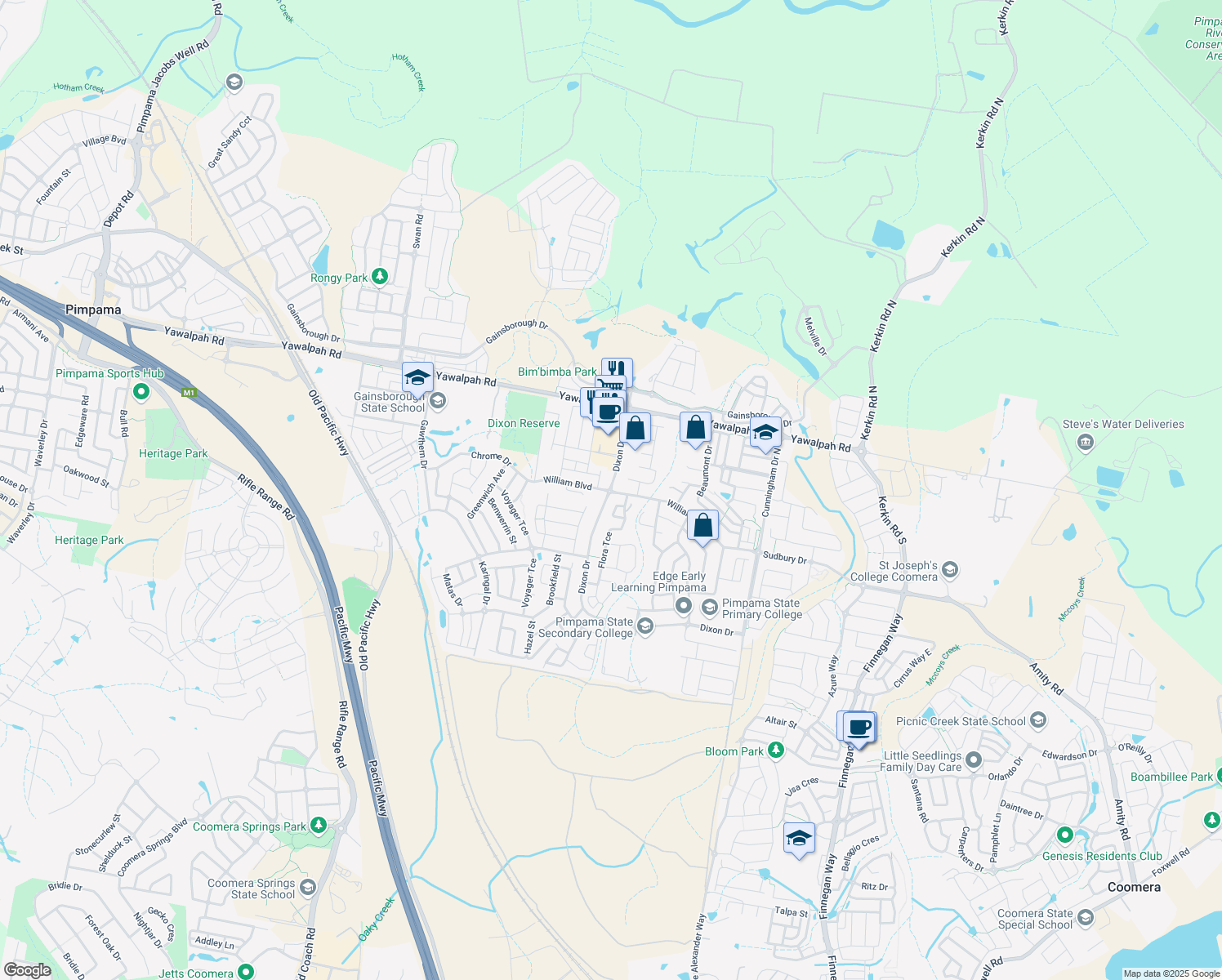 map of restaurants, bars, coffee shops, grocery stores, and more near Dixon Drive in Pimpama