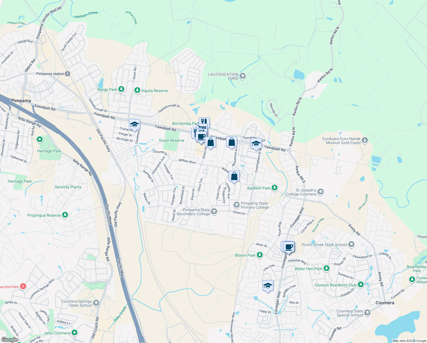 map of restaurants, bars, coffee shops, grocery stores, and more near 1 Caulfield Court in Pimpama