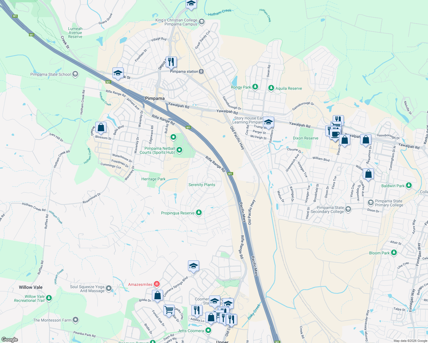 map of restaurants, bars, coffee shops, grocery stores, and more near 229 Rifle Range Road in Pimpama