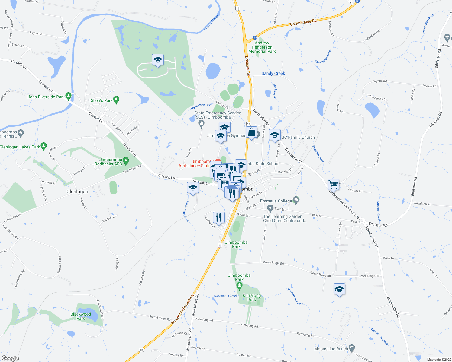 map of restaurants, bars, coffee shops, grocery stores, and more near 109-115 Brisbane Street in Jimboomba