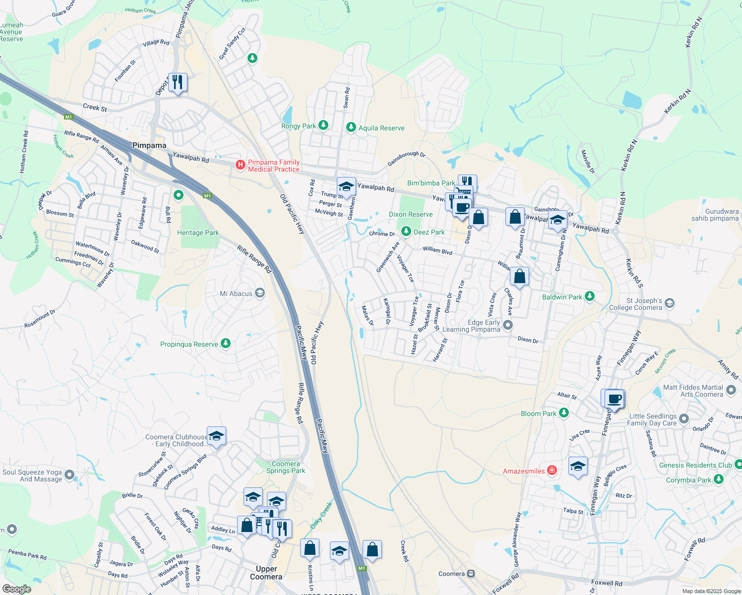 map of restaurants, bars, coffee shops, grocery stores, and more near 9 Matas Dr in Pimpama