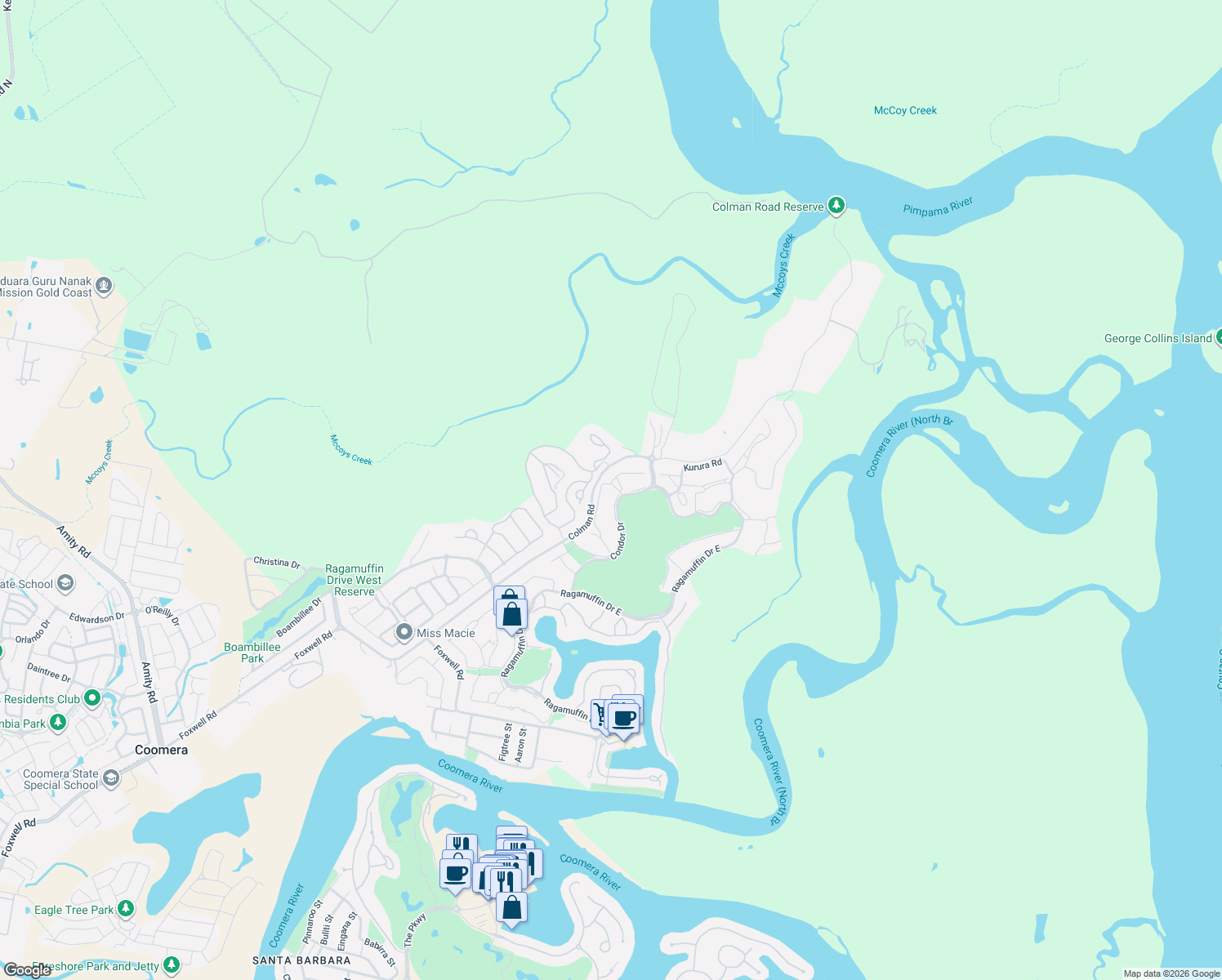 map of restaurants, bars, coffee shops, grocery stores, and more near 31 Serenade Drive in Coomera