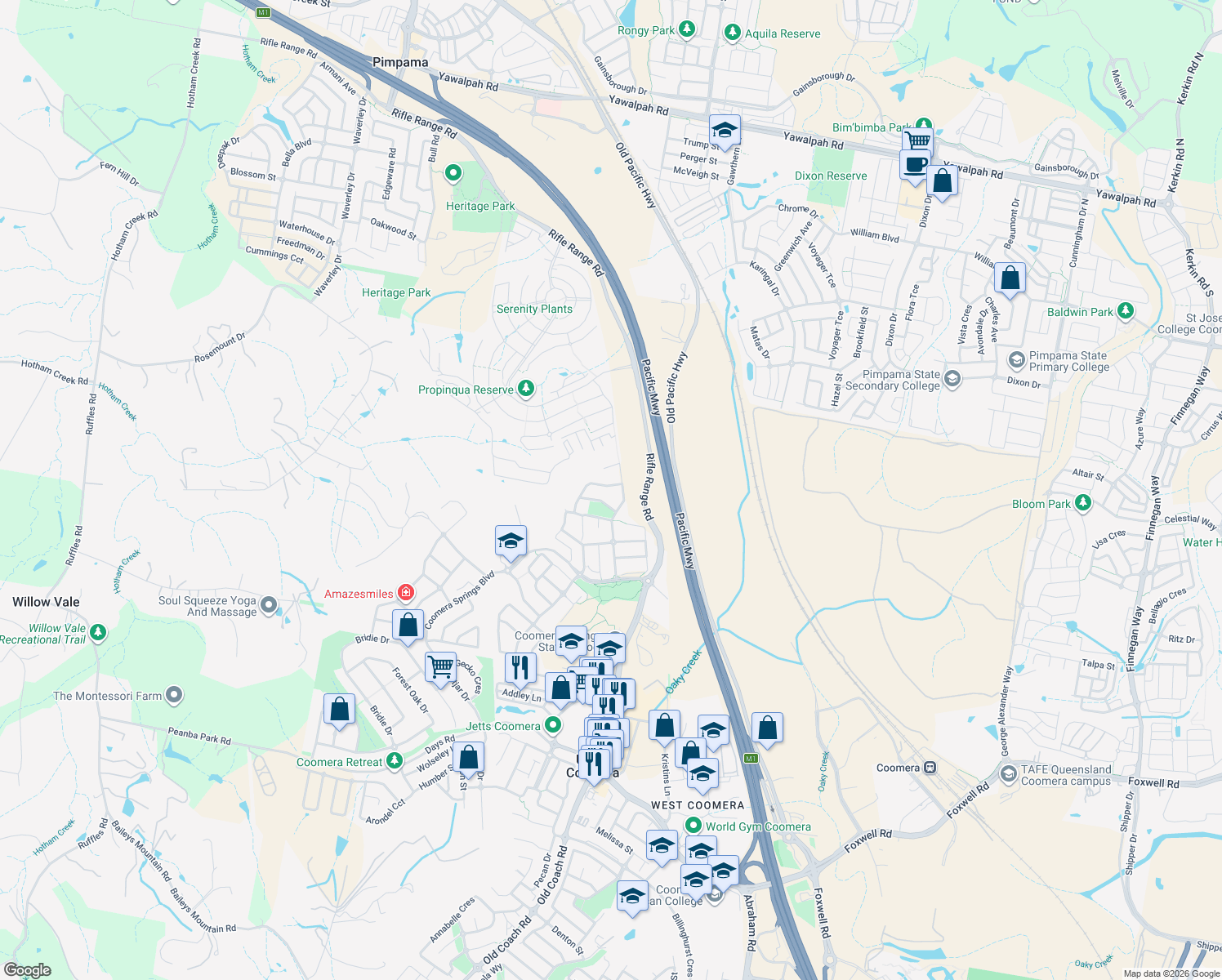 map of restaurants, bars, coffee shops, grocery stores, and more near 21 Southern Lights Drive in Pimpama