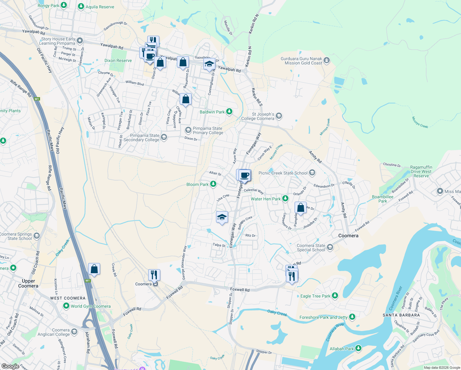 map of restaurants, bars, coffee shops, grocery stores, and more near 4 Moonlight Lane in Coomera