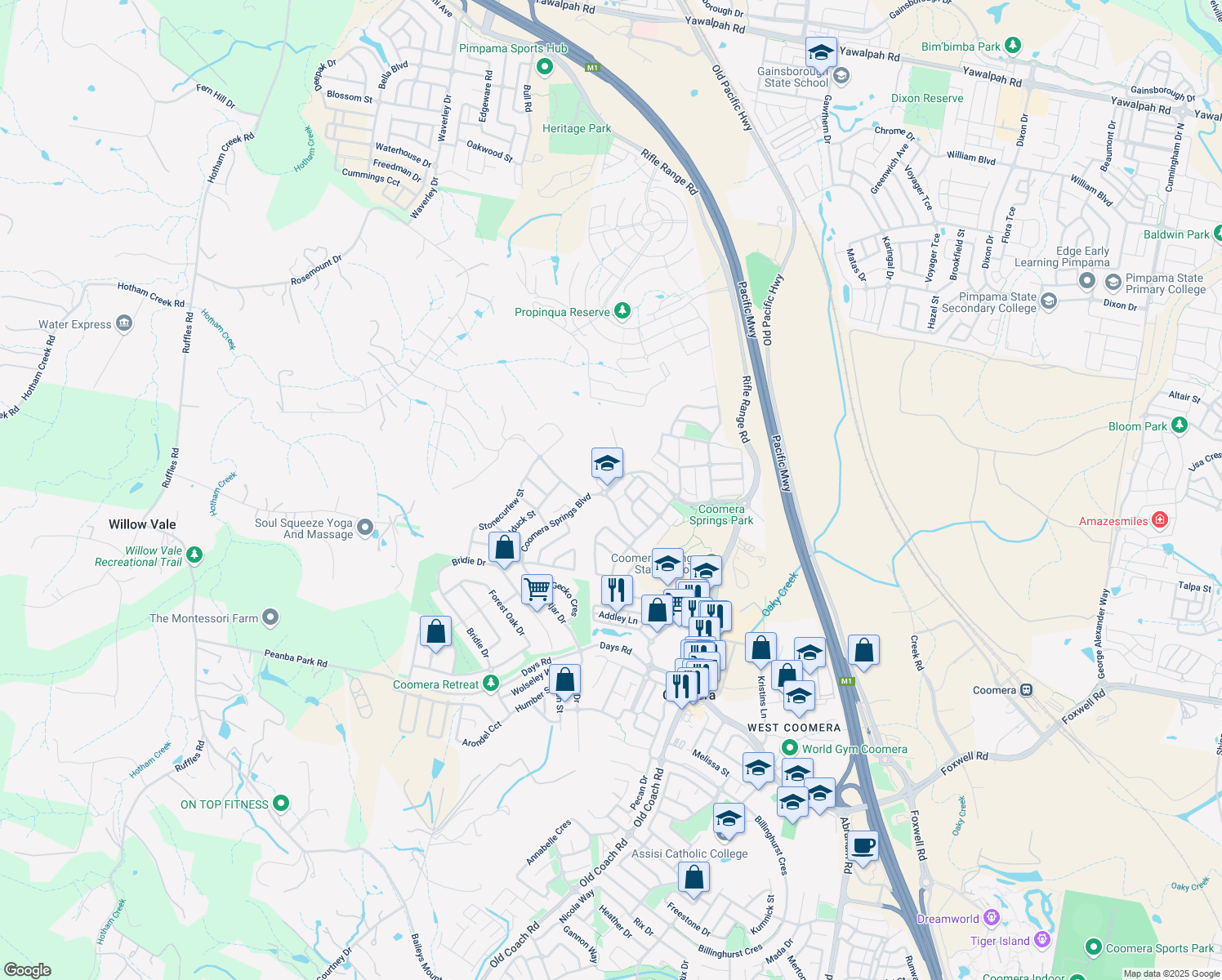 map of restaurants, bars, coffee shops, grocery stores, and more near Coomera Springs Boulevard in Upper Coomera