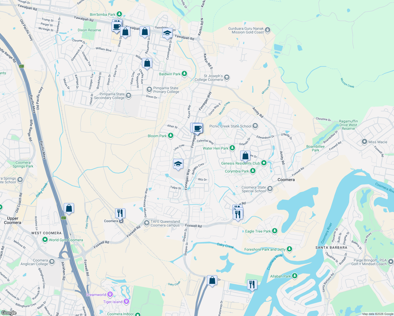 map of restaurants, bars, coffee shops, grocery stores, and more near 11 Trillers Avenue in Coomera