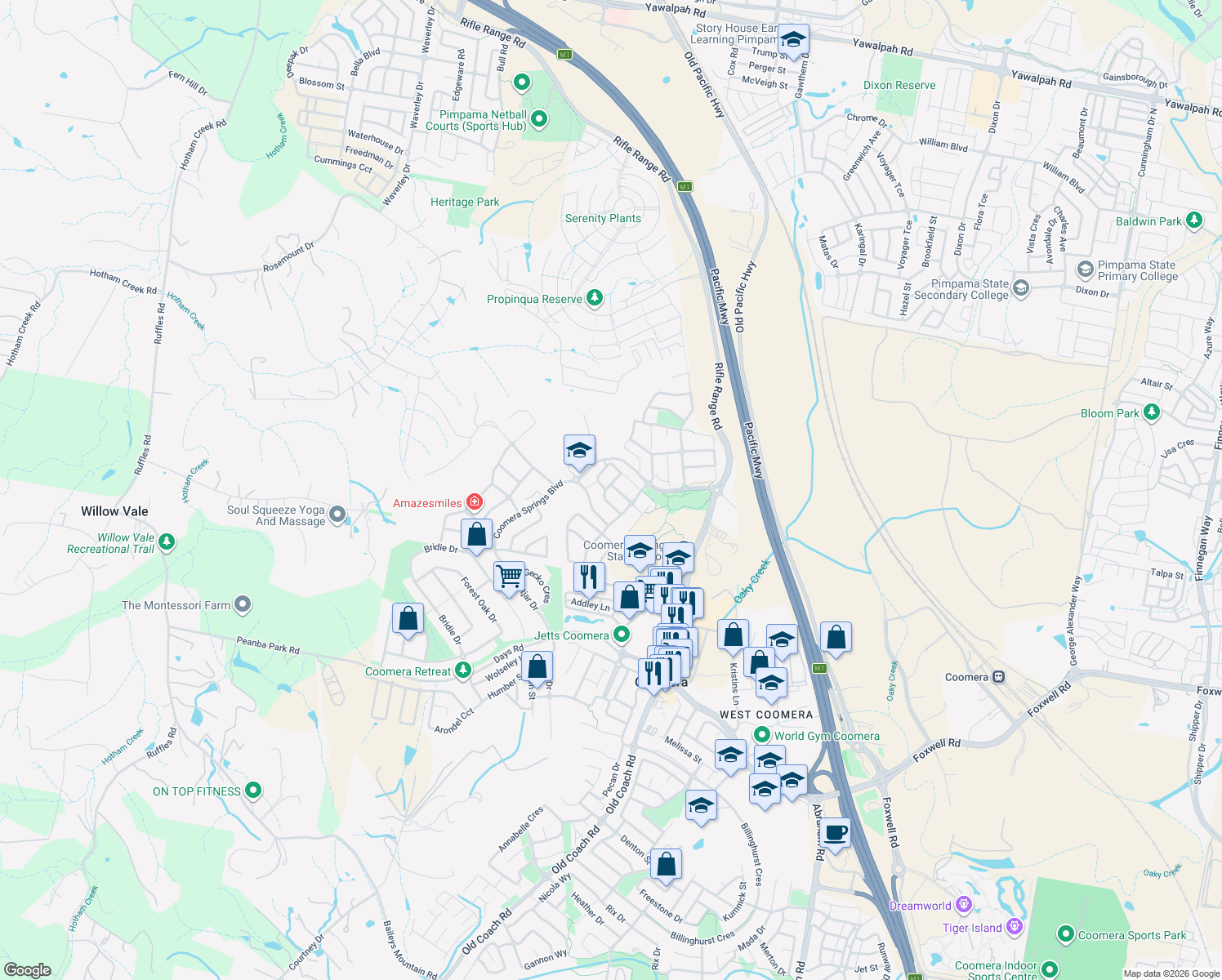 map of restaurants, bars, coffee shops, grocery stores, and more near 12 Redbay Street in Upper Coomera