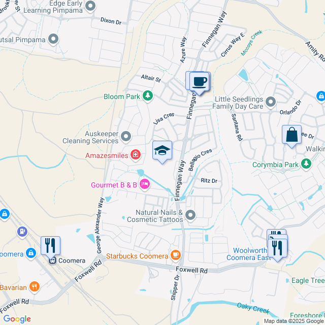 map of restaurants, bars, coffee shops, grocery stores, and more near 81 Finnegan Way in Coomera