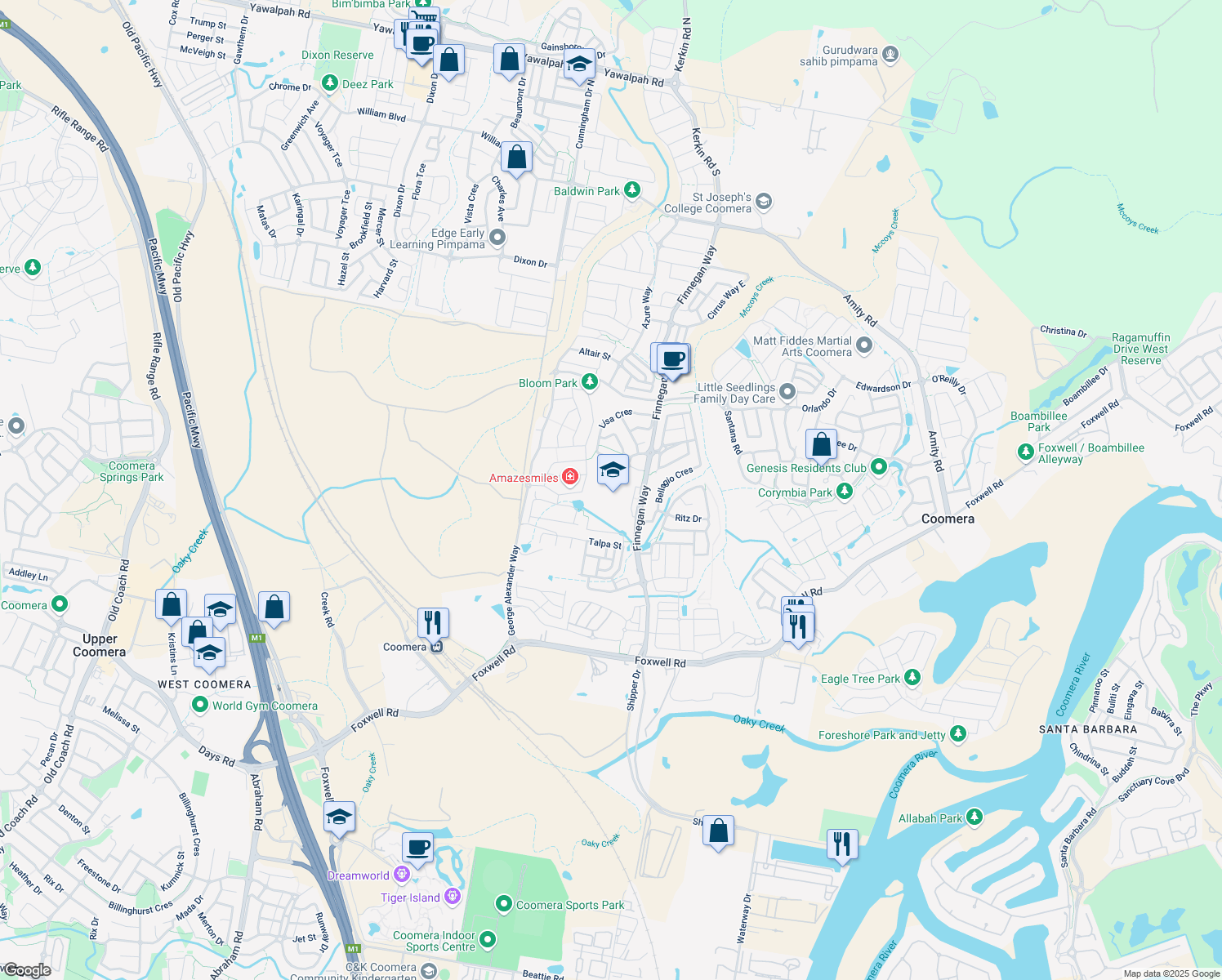 map of restaurants, bars, coffee shops, grocery stores, and more near 81 Finnegan Way in Coomera