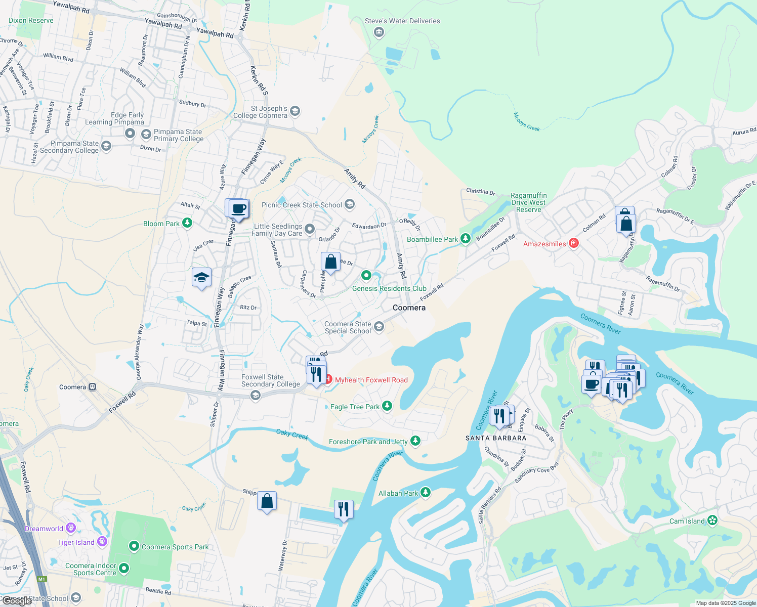 map of restaurants, bars, coffee shops, grocery stores, and more near 51 Picnic Creek Drive in Coomera