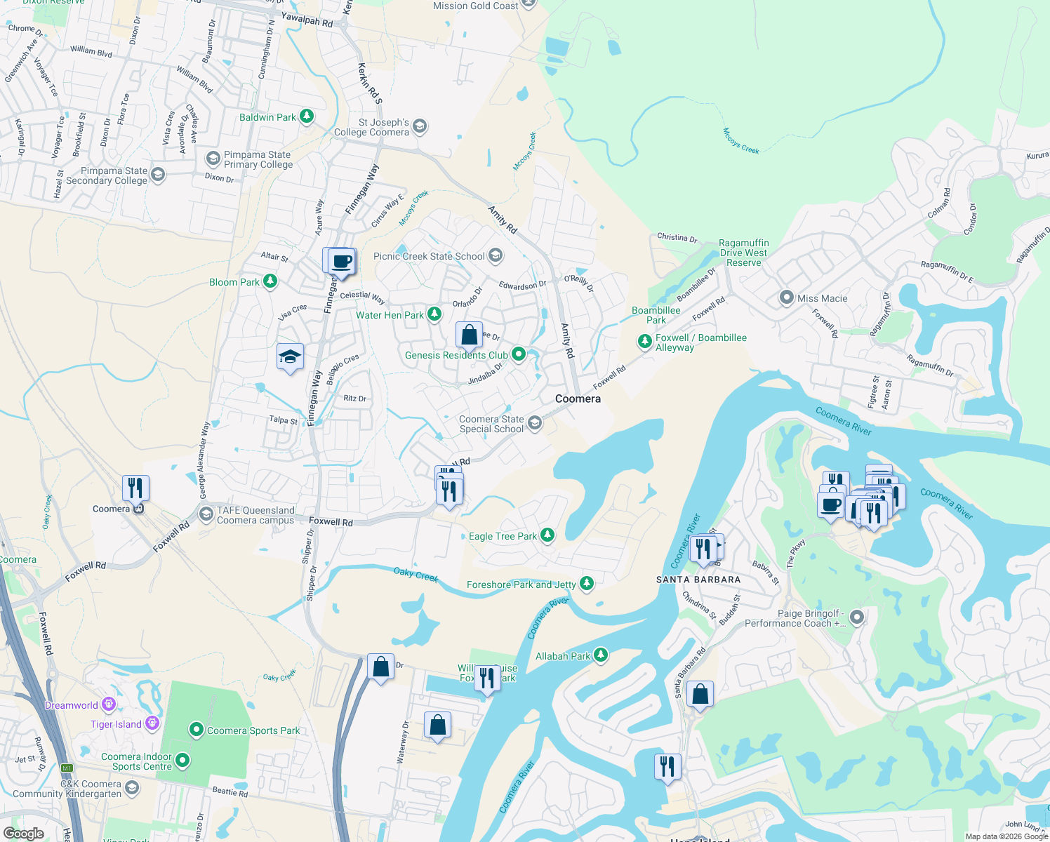 map of restaurants, bars, coffee shops, grocery stores, and more near 78 Picnic Creek Drive in Coomera