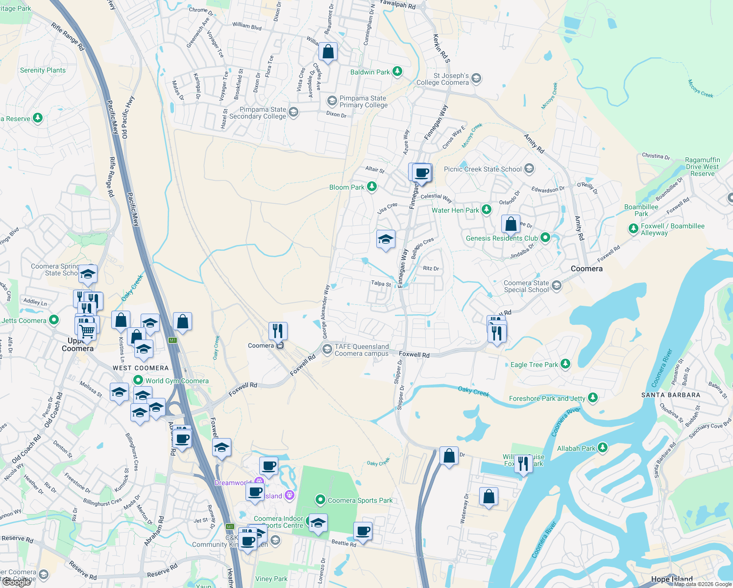 map of restaurants, bars, coffee shops, grocery stores, and more near 10 Bailer Street in Coomera