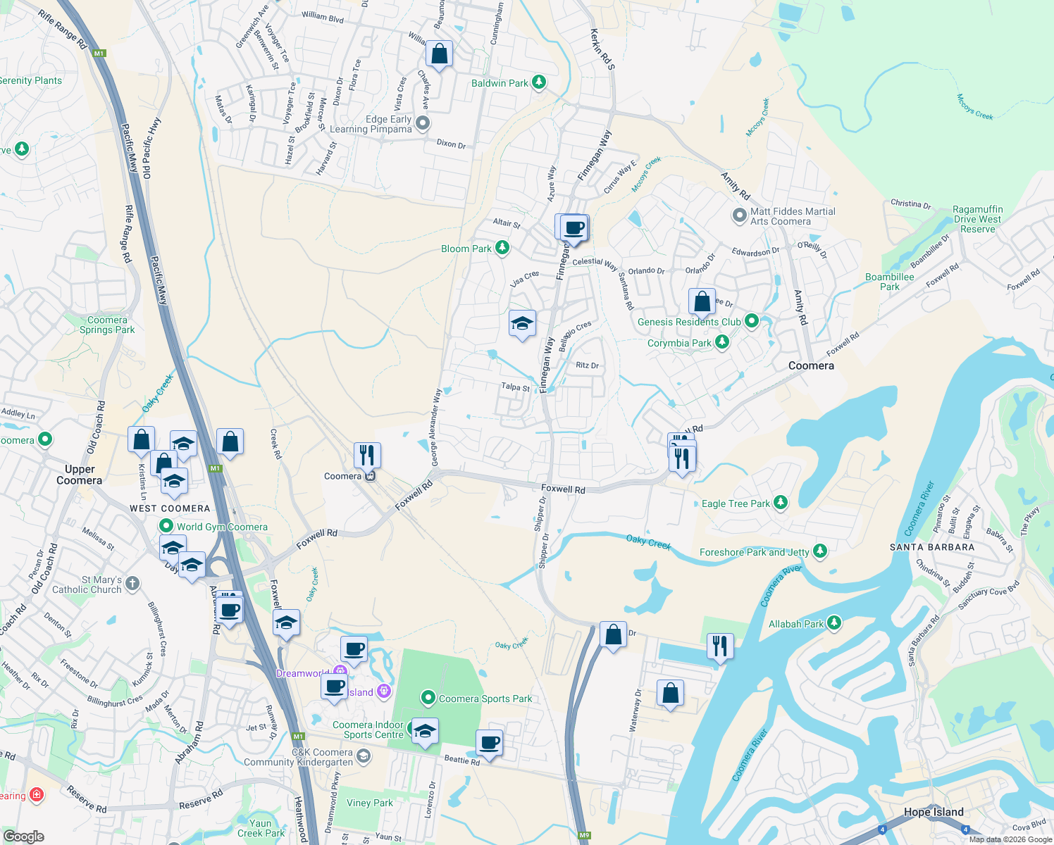 map of restaurants, bars, coffee shops, grocery stores, and more near 8 Vanilla Lane in Coomera