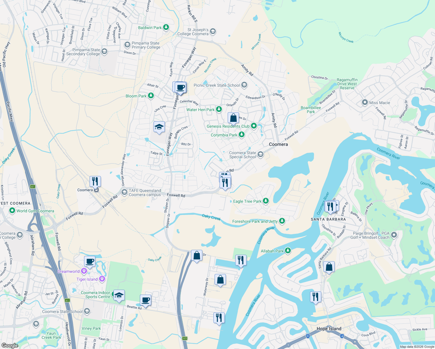 map of restaurants, bars, coffee shops, grocery stores, and more near 3 Lenton Street in Coomera