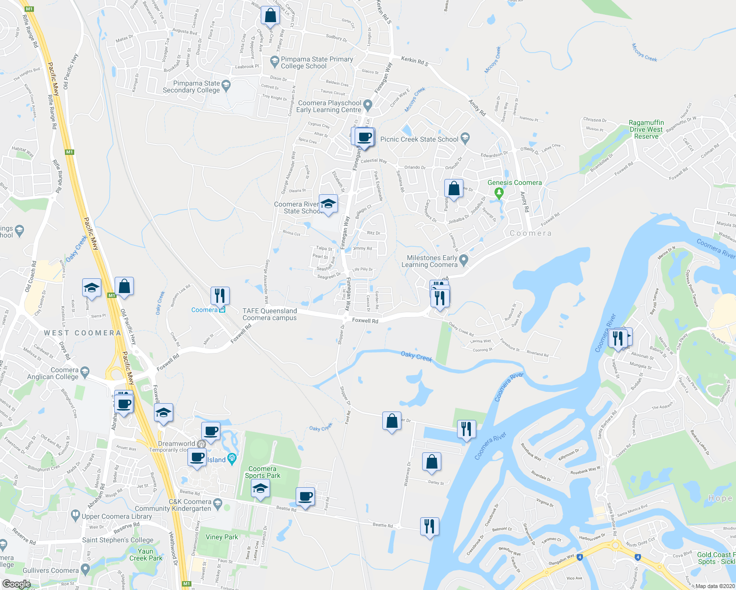 map of restaurants, bars, coffee shops, grocery stores, and more near Cassia Drive in Coomera