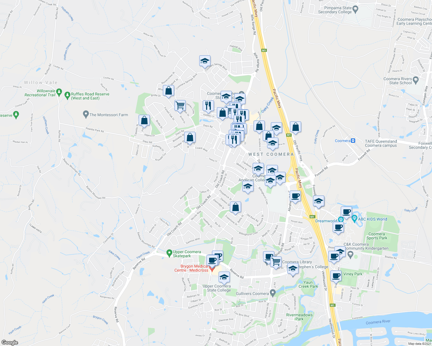 map of restaurants, bars, coffee shops, grocery stores, and more near 11 Pecan Drive in Upper Coomera