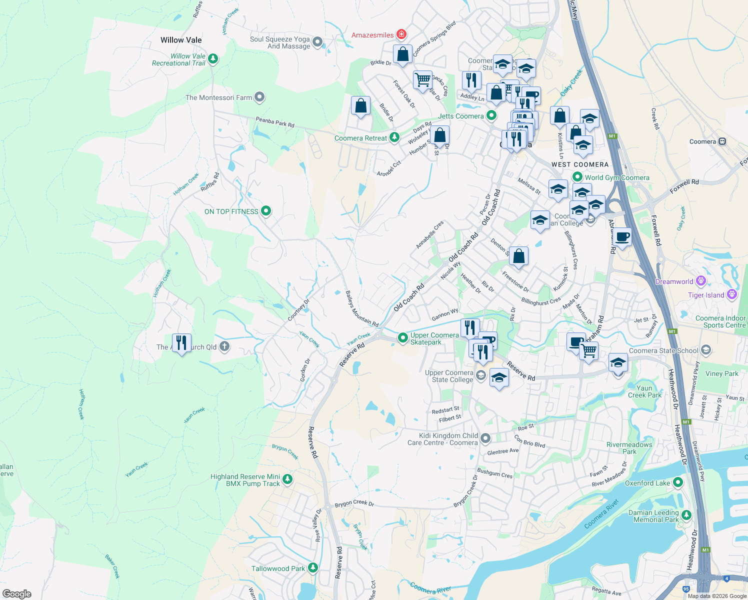 map of restaurants, bars, coffee shops, grocery stores, and more near 13 Purlingbrook Street in Upper Coomera