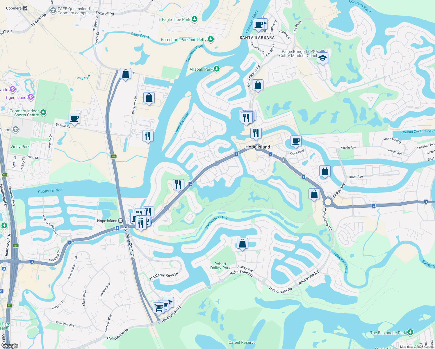 map of restaurants, bars, coffee shops, grocery stores, and more near 6010 Calardo Avenue in Hope Island