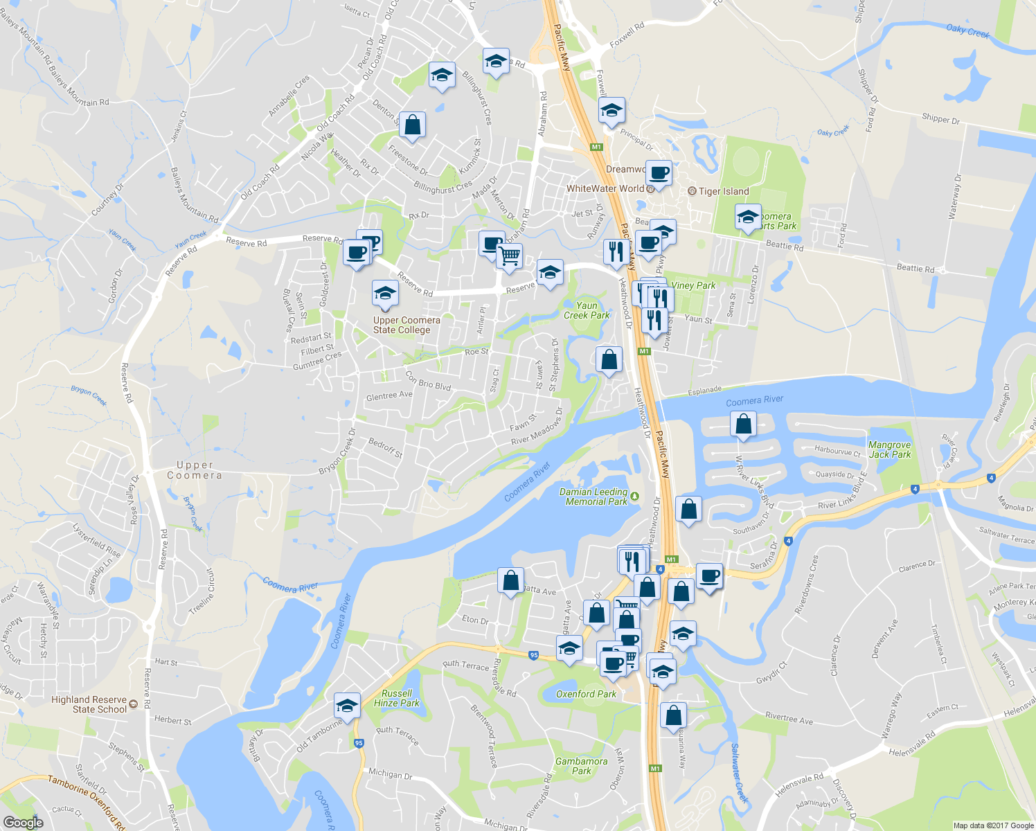 map of restaurants, bars, coffee shops, grocery stores, and more near 5 Campese Street in Upper Coomera
