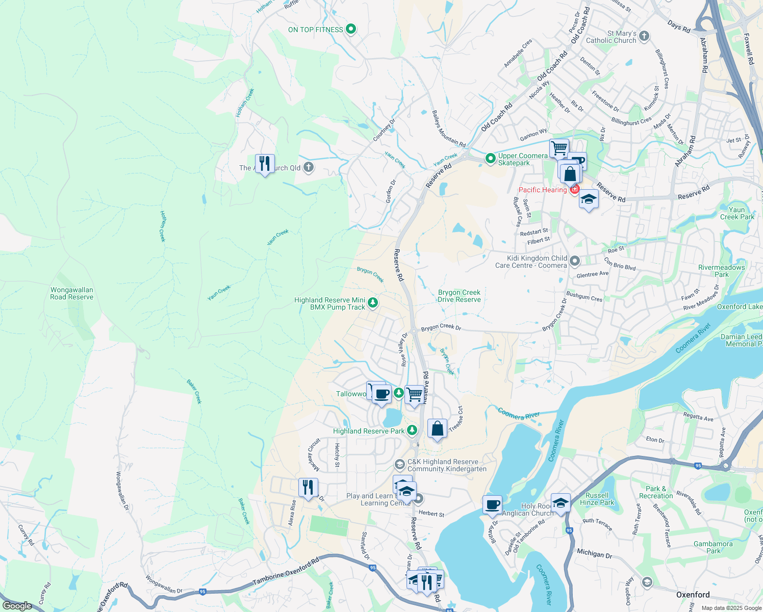 map of restaurants, bars, coffee shops, grocery stores, and more near 50 Wimmera Crescent in Upper Coomera