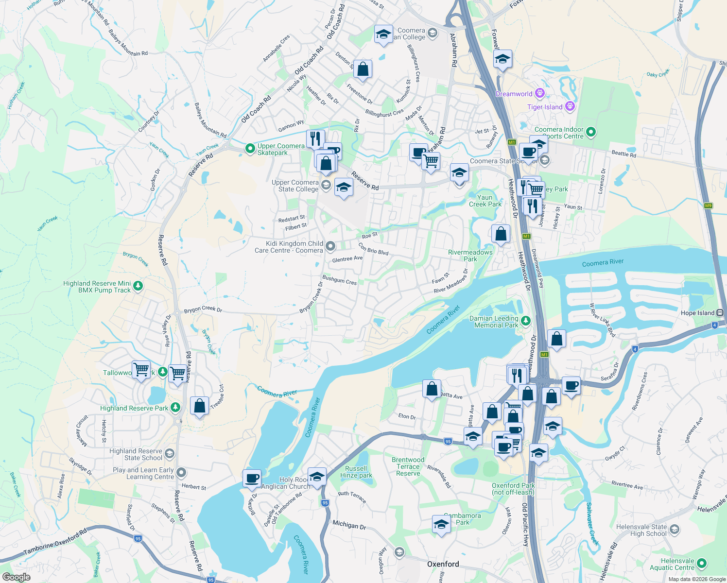map of restaurants, bars, coffee shops, grocery stores, and more near 15 Bushgum Crescent in Upper Coomera