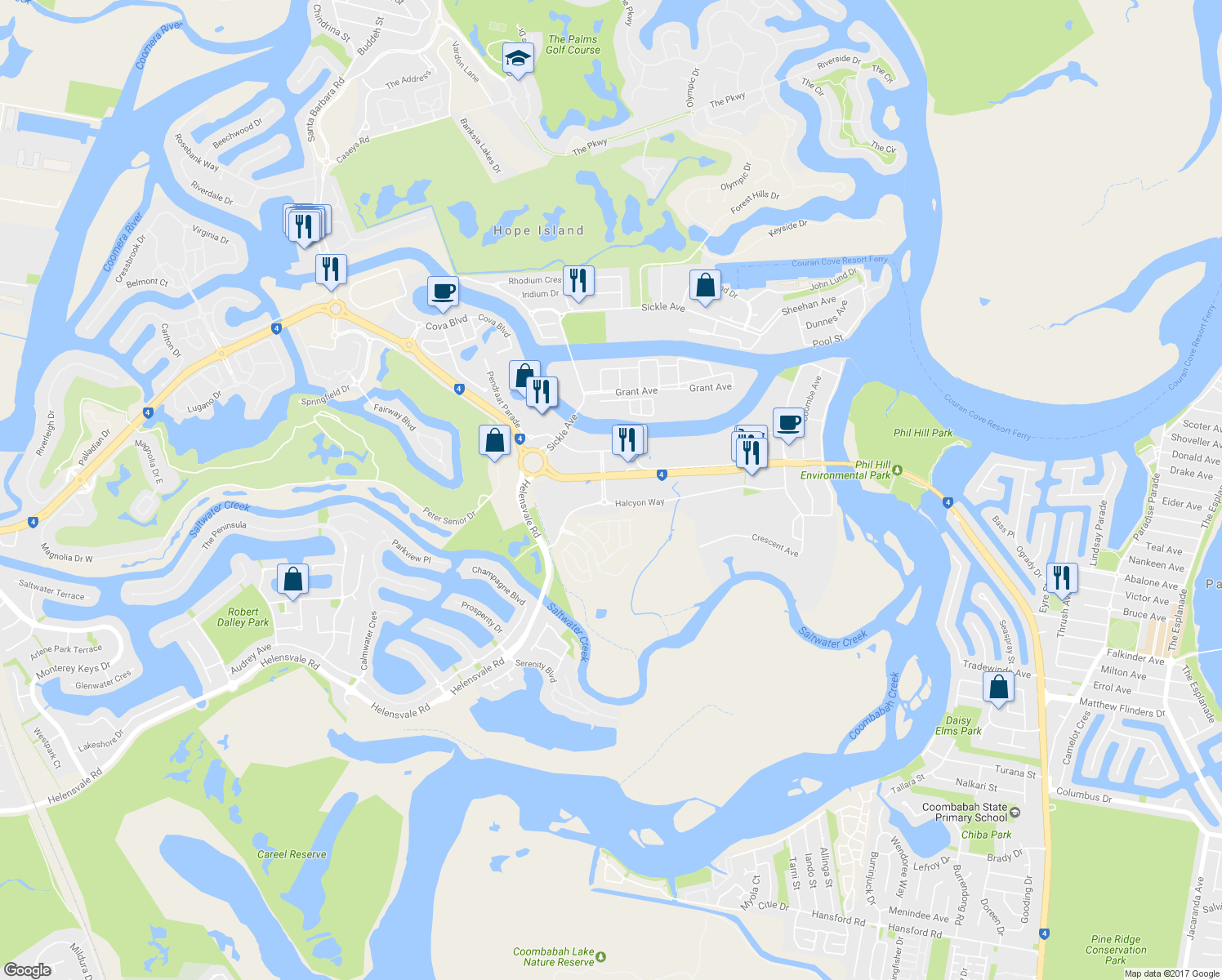map of restaurants, bars, coffee shops, grocery stores, and more near 2 Halcyon Way in Hope Island